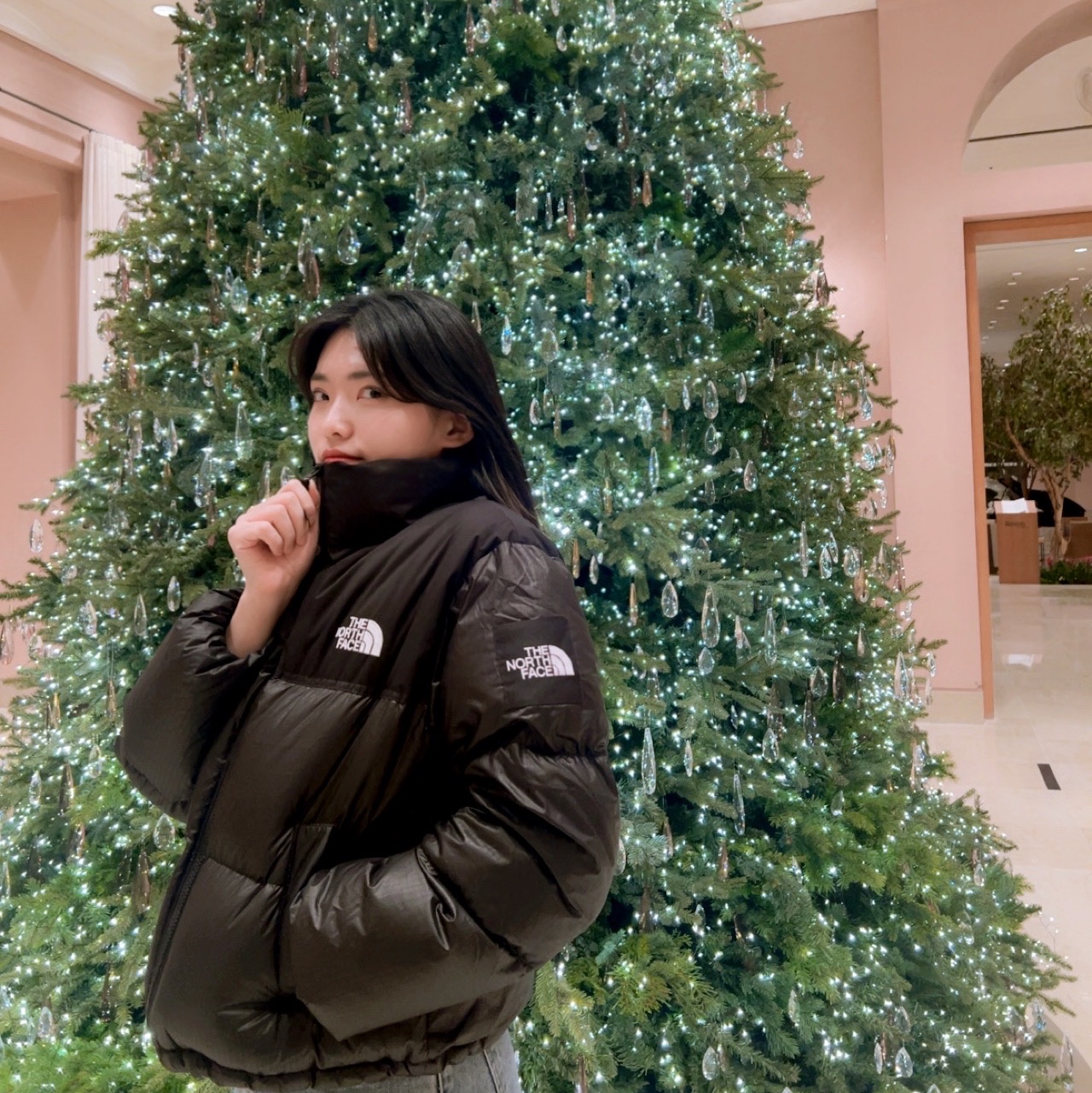 (W) The North Face White Label Novelty Nuptse Down Jacket Black 착용 스타일