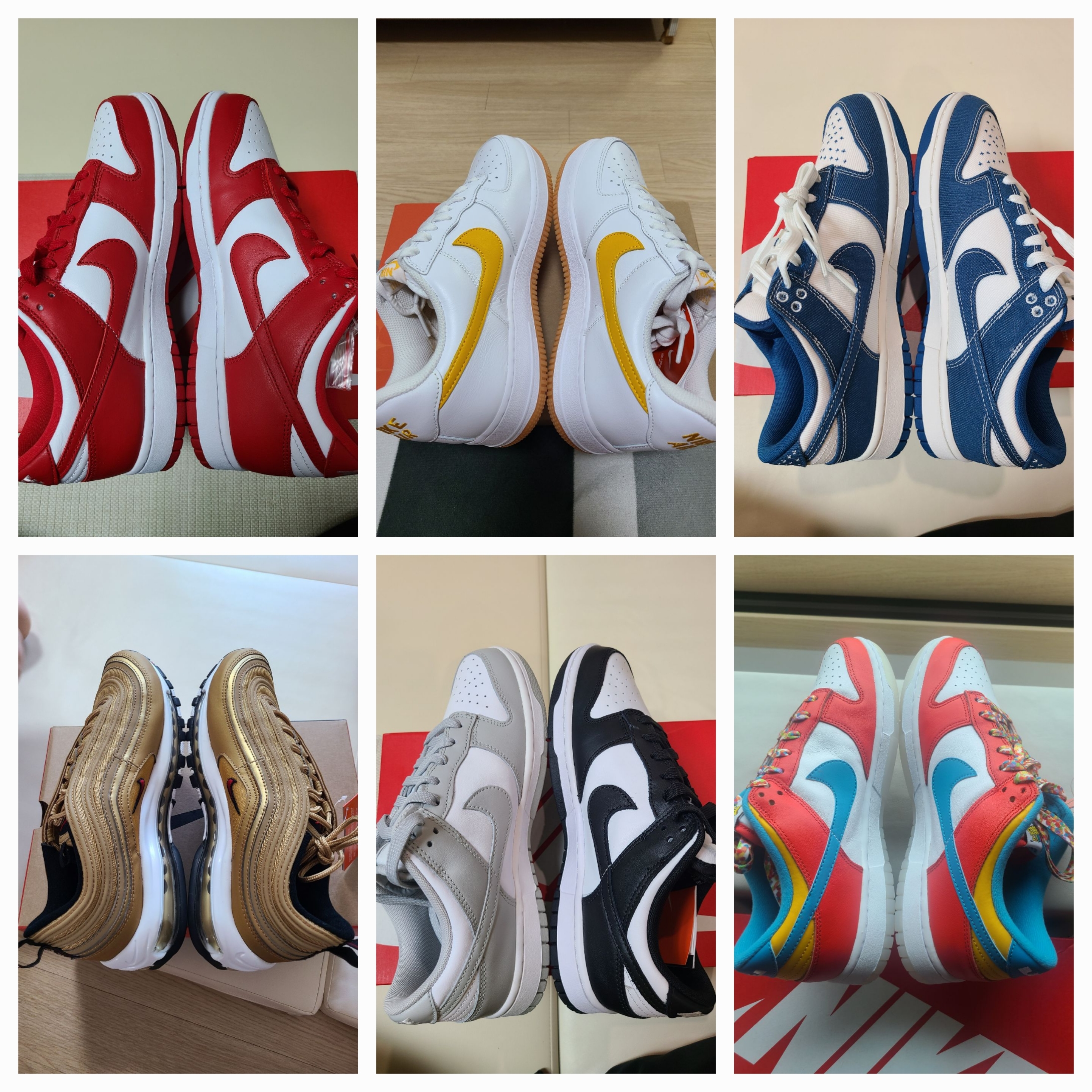 Nike x LeBron James x Fruity Pebbles Dunk Low QS Habanero Red, Nike Air Max 97 OG Metallic Gold 2023 착용 스타일