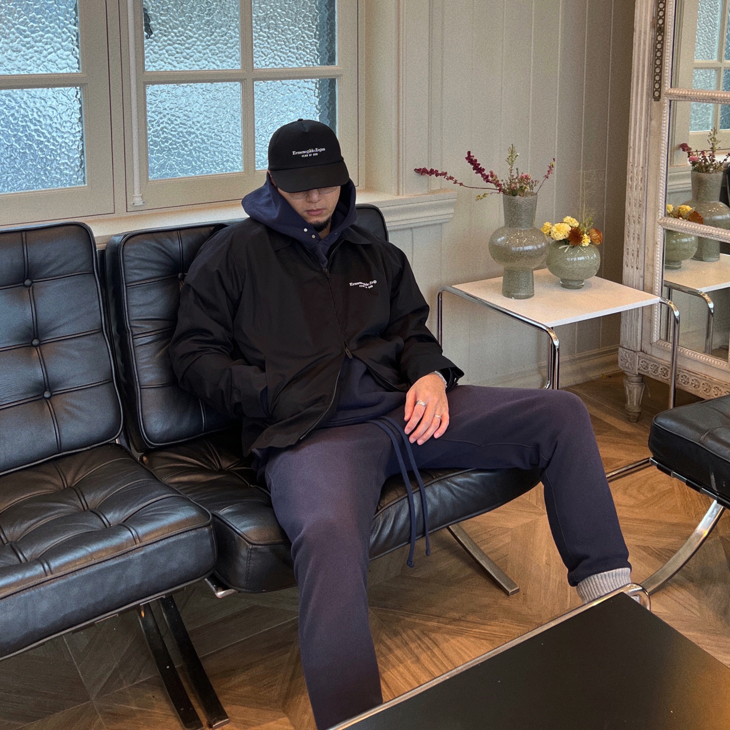 Fear of God x Ermenegildo Zegna Cotton Blend Souvenir Jacket Black, Fear of God x Ermenegildo Zegna Cotton Baseball Cap Black 착용 스타일