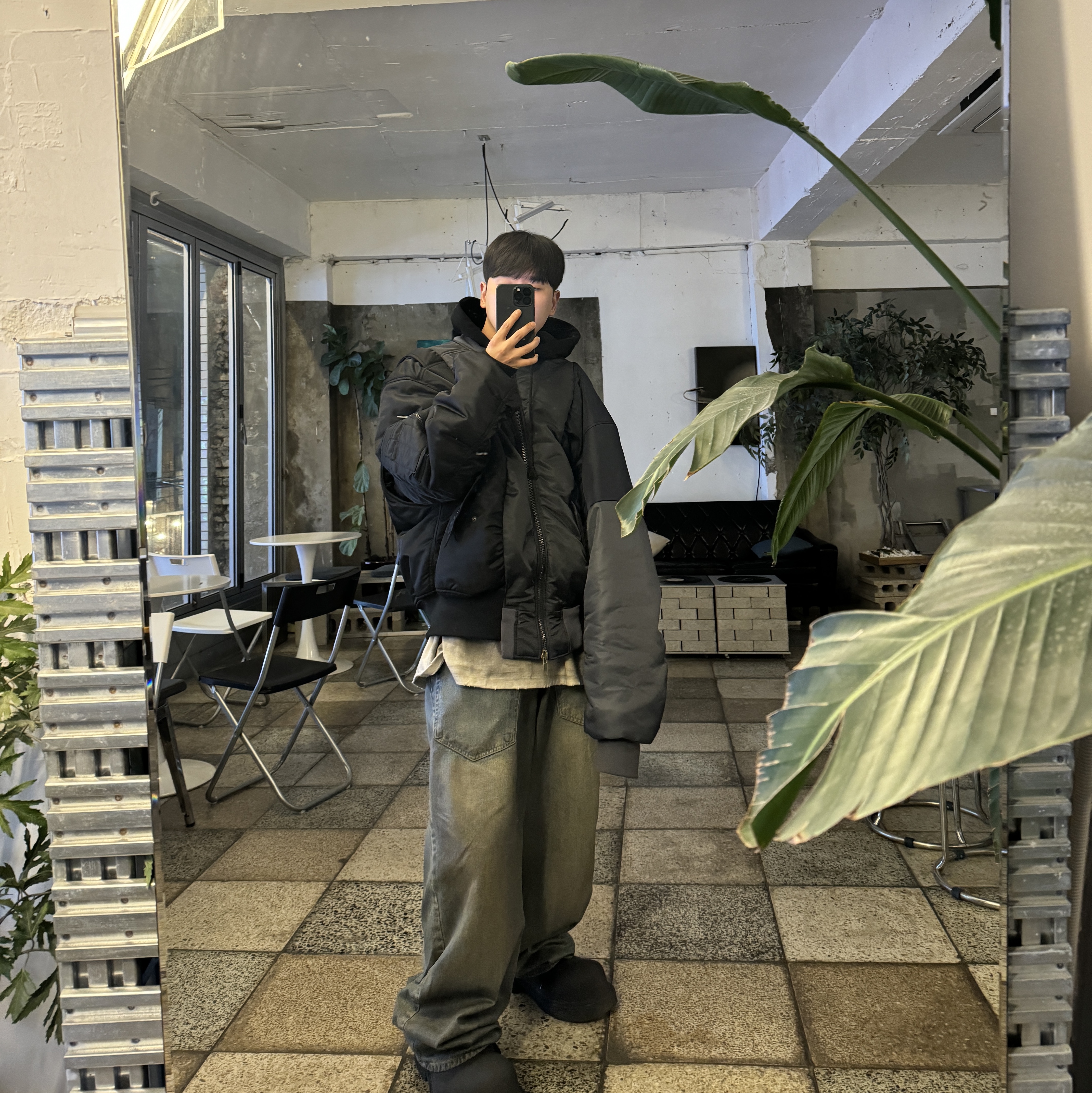 Project G/R Unbalanced Reworked Bomber Jacket Black, Project G/R Furious Logo Applique L/S T-Shirt Grey - 10 Corso Como Exclusive 착용 스타일