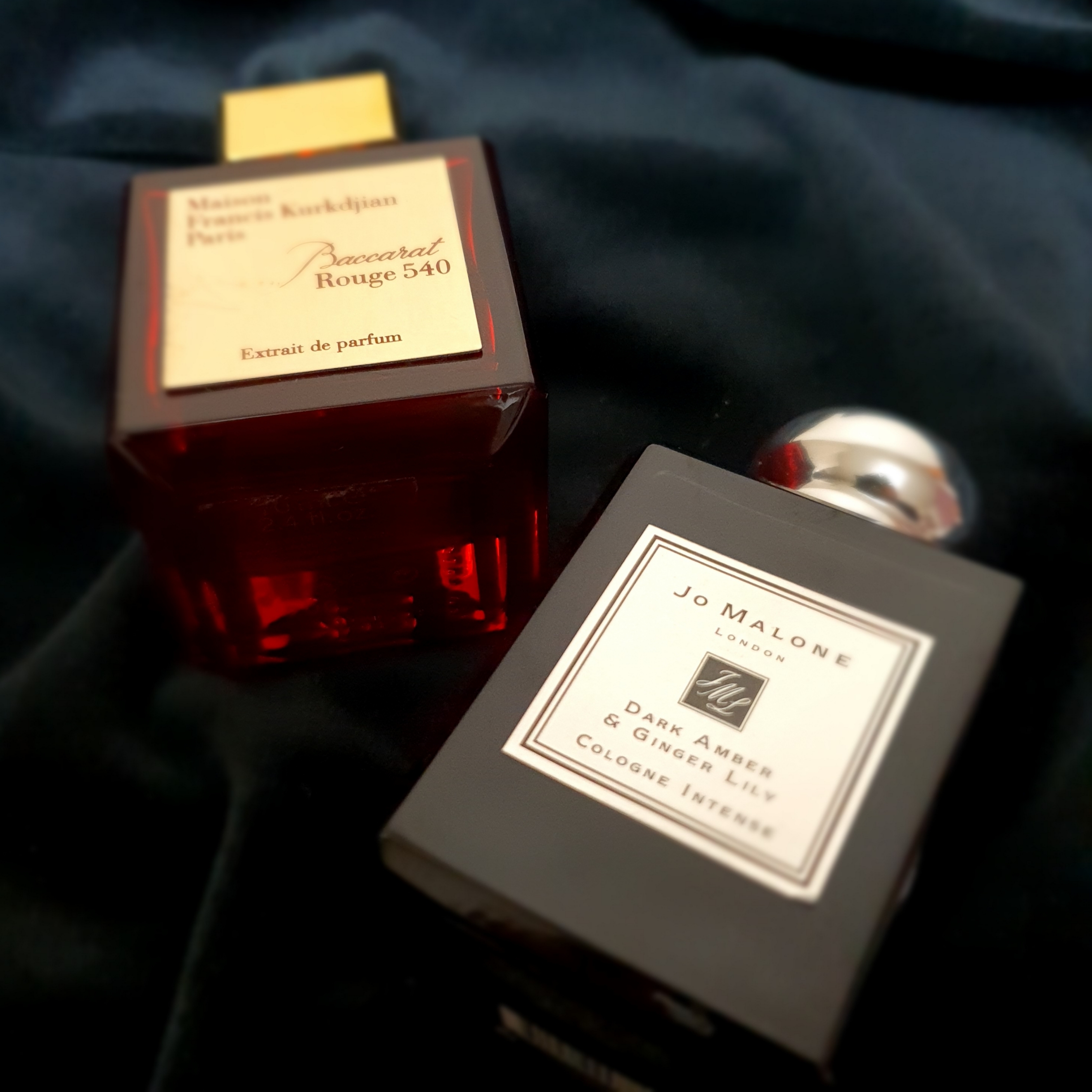 Maison Francis Kurkdjian Baccarat Rouge 540 Extrait De Parfum 70ml, Jo Malone Dark Amber & Ginger Lily Cologne Intense 50ml 착용 스타일