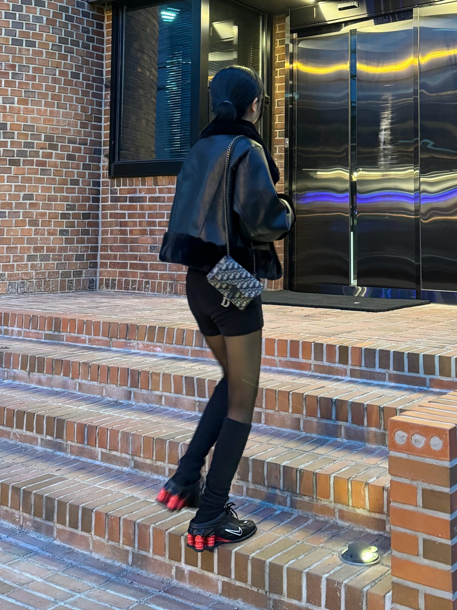 (W) Bohemian Seoul High Neck Short Mustang Black, Dior Saddle Belt Pouch Blue Dior Oblique Jacquard 착용 스타일 - 1