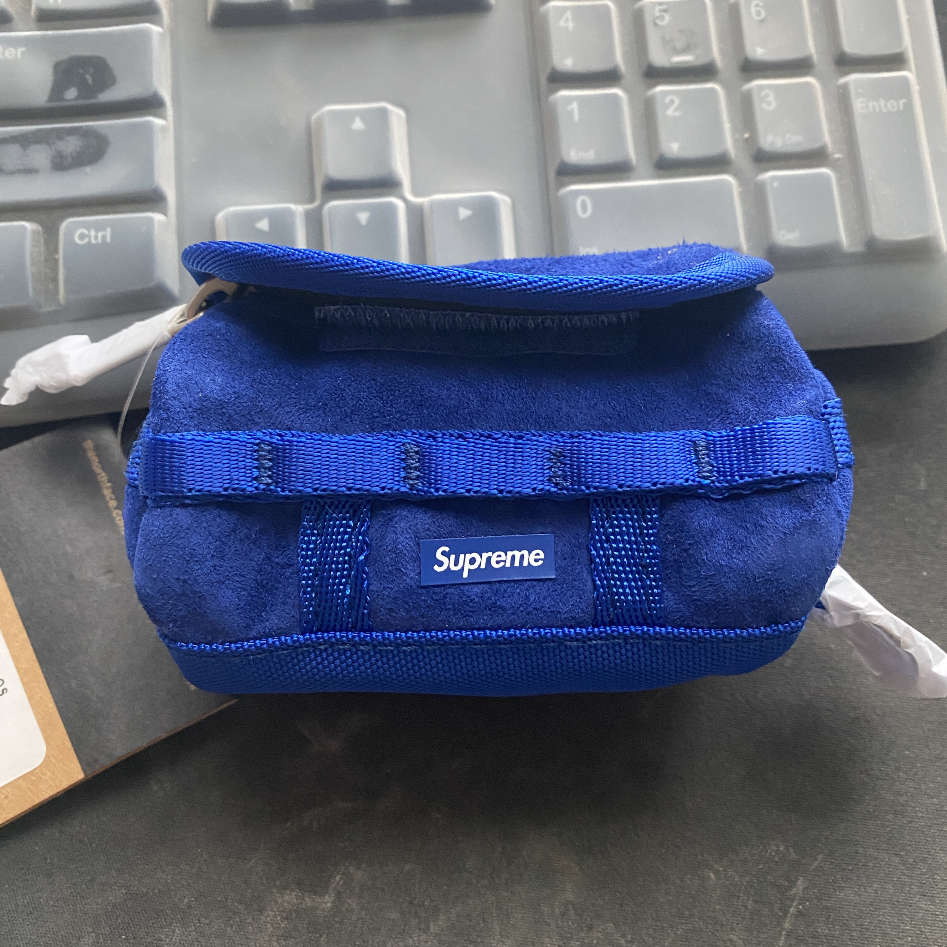Supreme x The North Face Suede Base Camp Duffle Keychain Blue - 23FW 착용 스타일 - 1