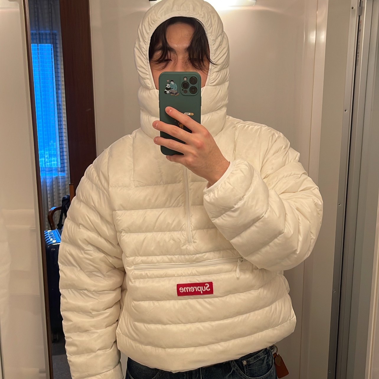Supreme Micro Down Half Zip Hooded Pullover White - 23FW 착용 스타일