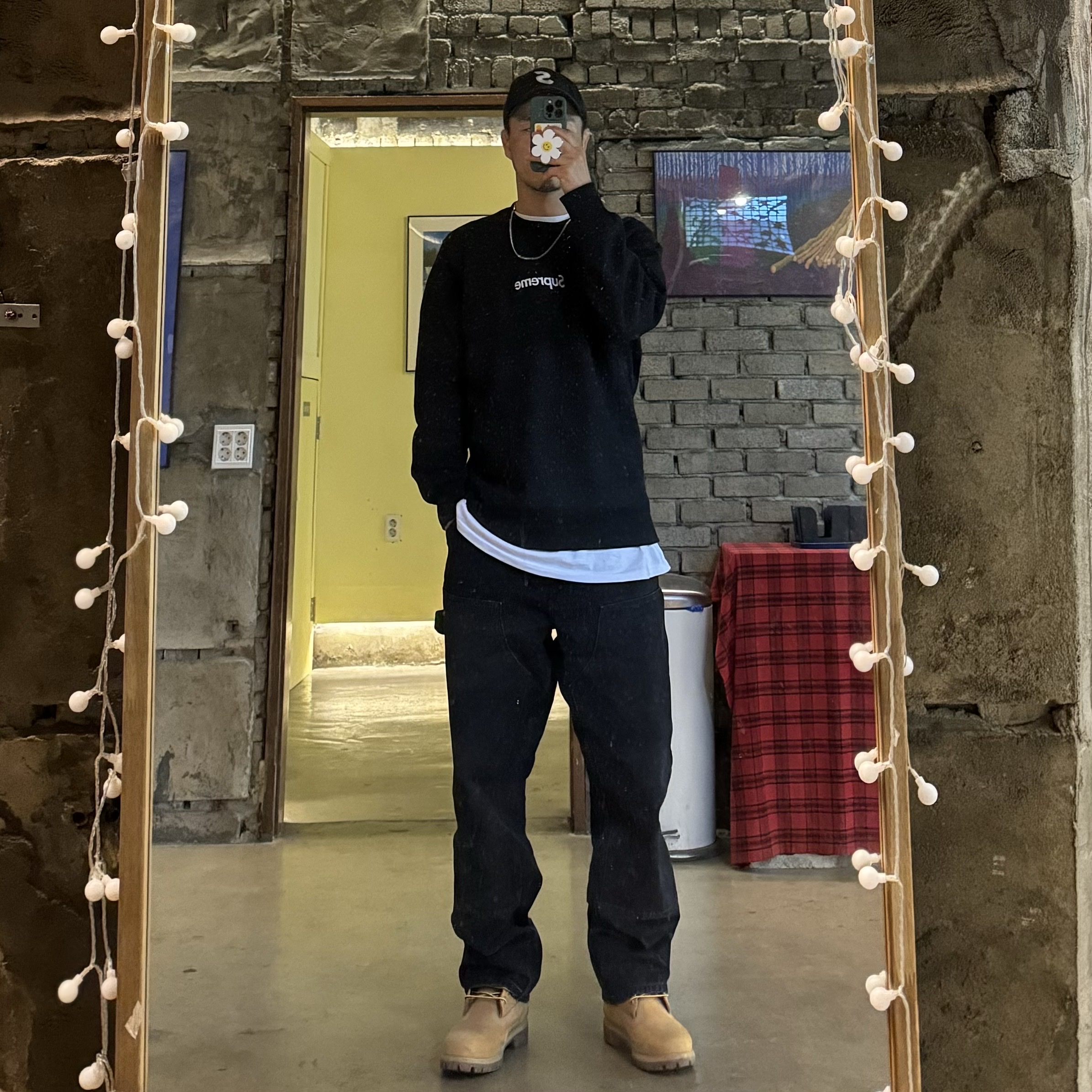 Supreme Box Logo Crewneck Black - 18FW, Carhartt WIP Dearborn Canvas Double Knee Pants Black Aged Canvas 착용 스타일