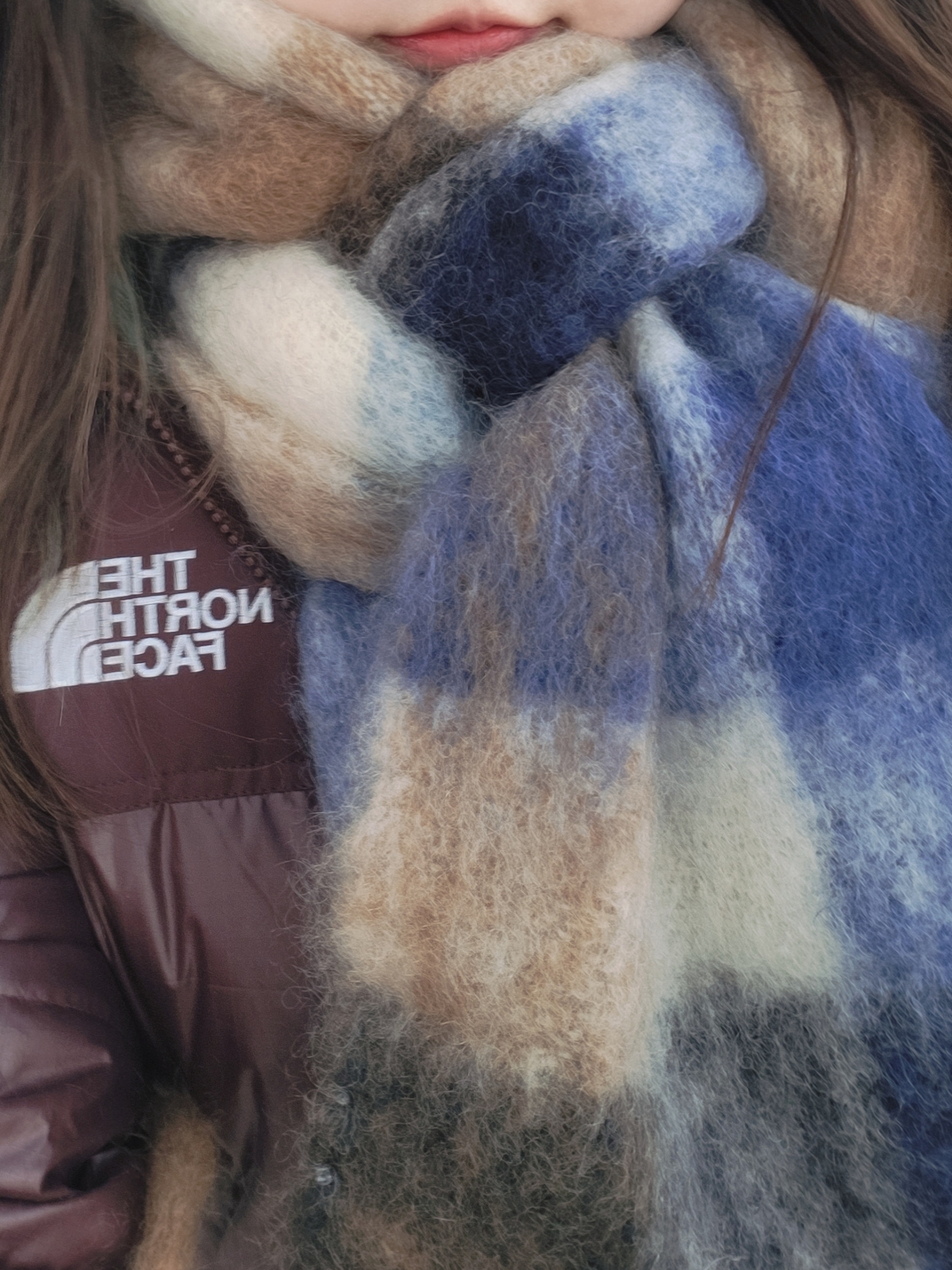 (W) The North Face White Label Novelty Nuptse Down Jacket Cocoa Brown, COS Oversized Mohair Blend Muffler Blue Brown Checked 착용 스타일 - 2
