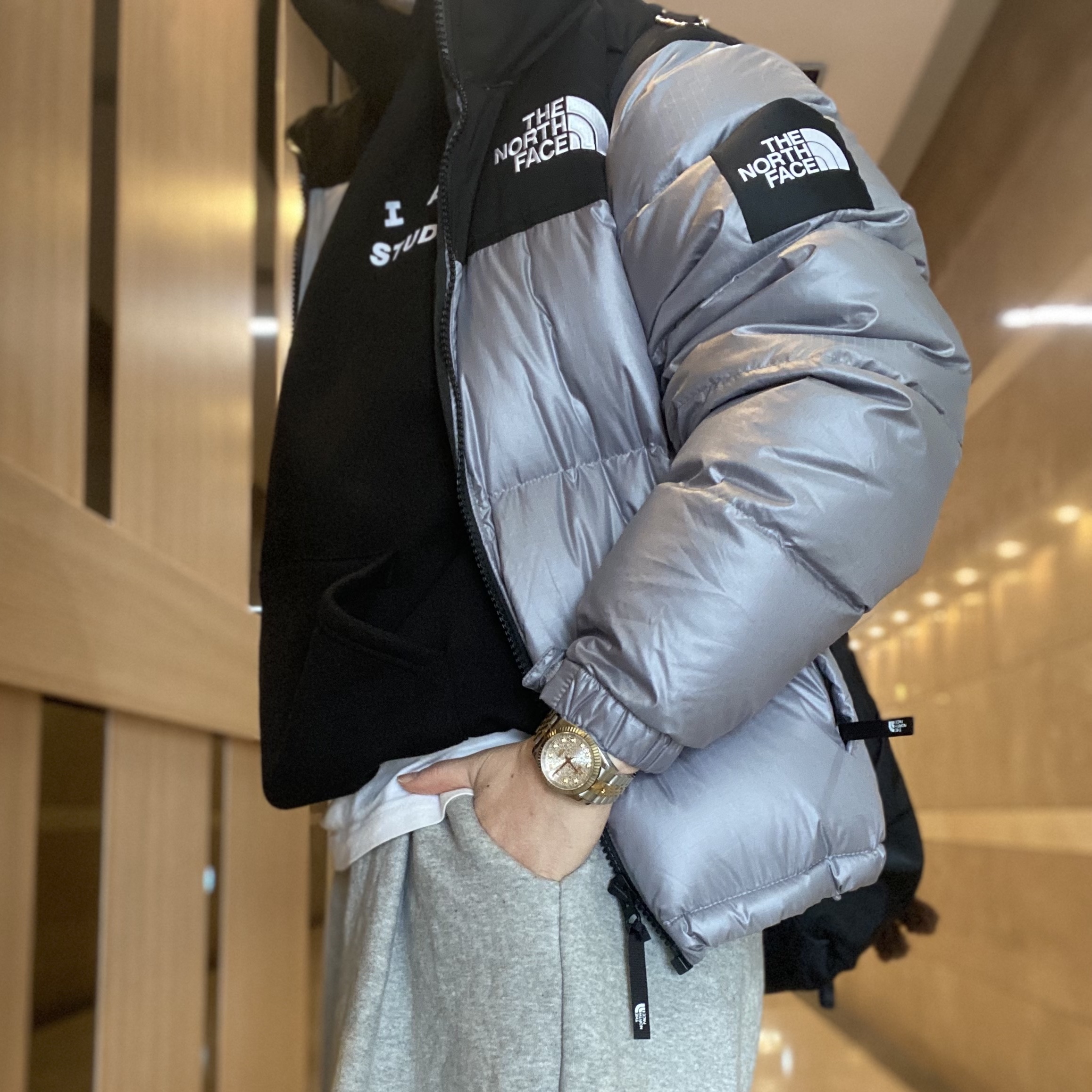 The North Face White Label Novelty Nuptse Down Jacket Heather Gray, IAB Studio Hoodie Black White 착용 스타일