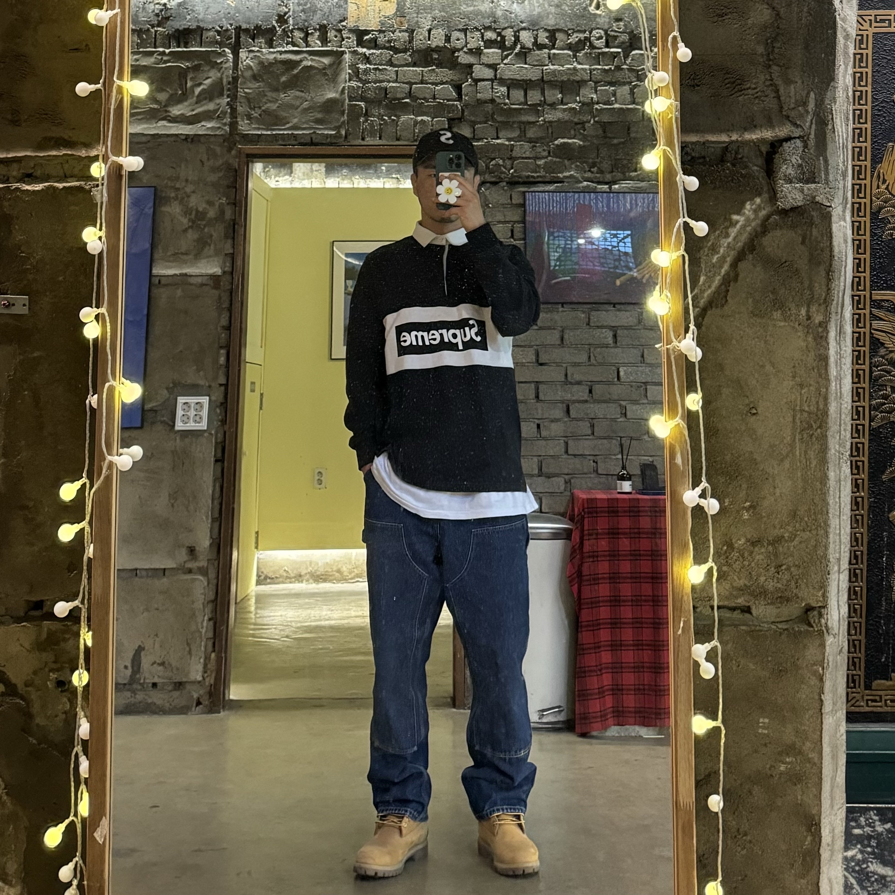 Carhartt WIP Fairfield Denim Double Knee Pants Blue Stone Washed, Timberland Premium 6 inch Waterproof Boot Wheat Nubuck - Wide 착용 스타일