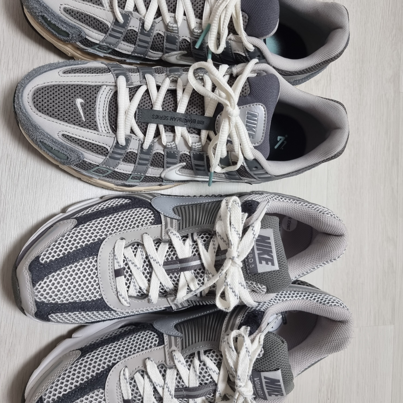 Nike P-6000 Flat Pewter Light Iron Ore, Nike Zoom Vomero 5 PRM Light Iron Ore and Flat Fewter 착용 스타일