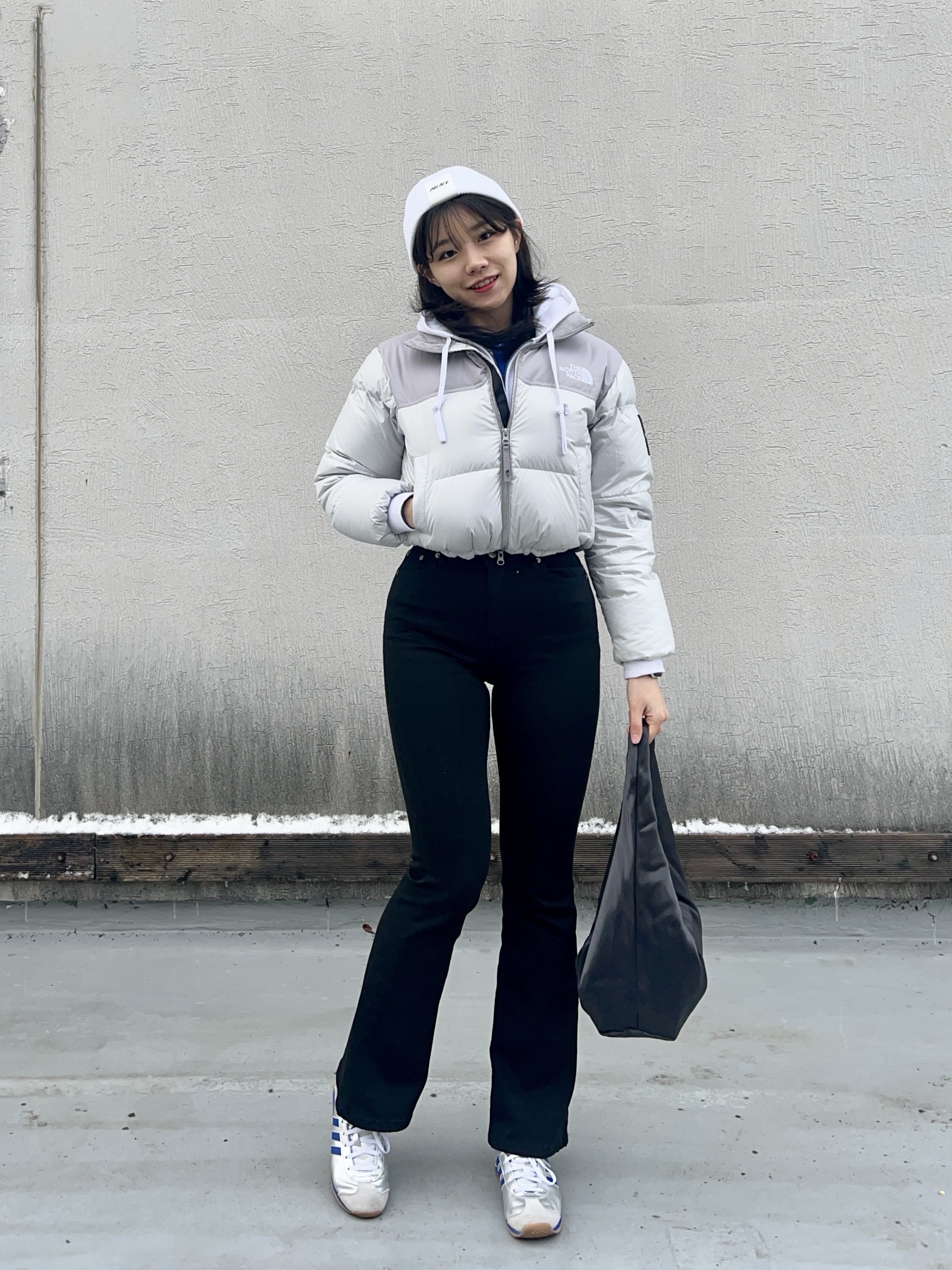 (W) The North Face White Label Novelty Nuptse Down Jacket Ice Gray, COS Mini High-Shine Shoulder Bag Navy 착용 스타일 - 1