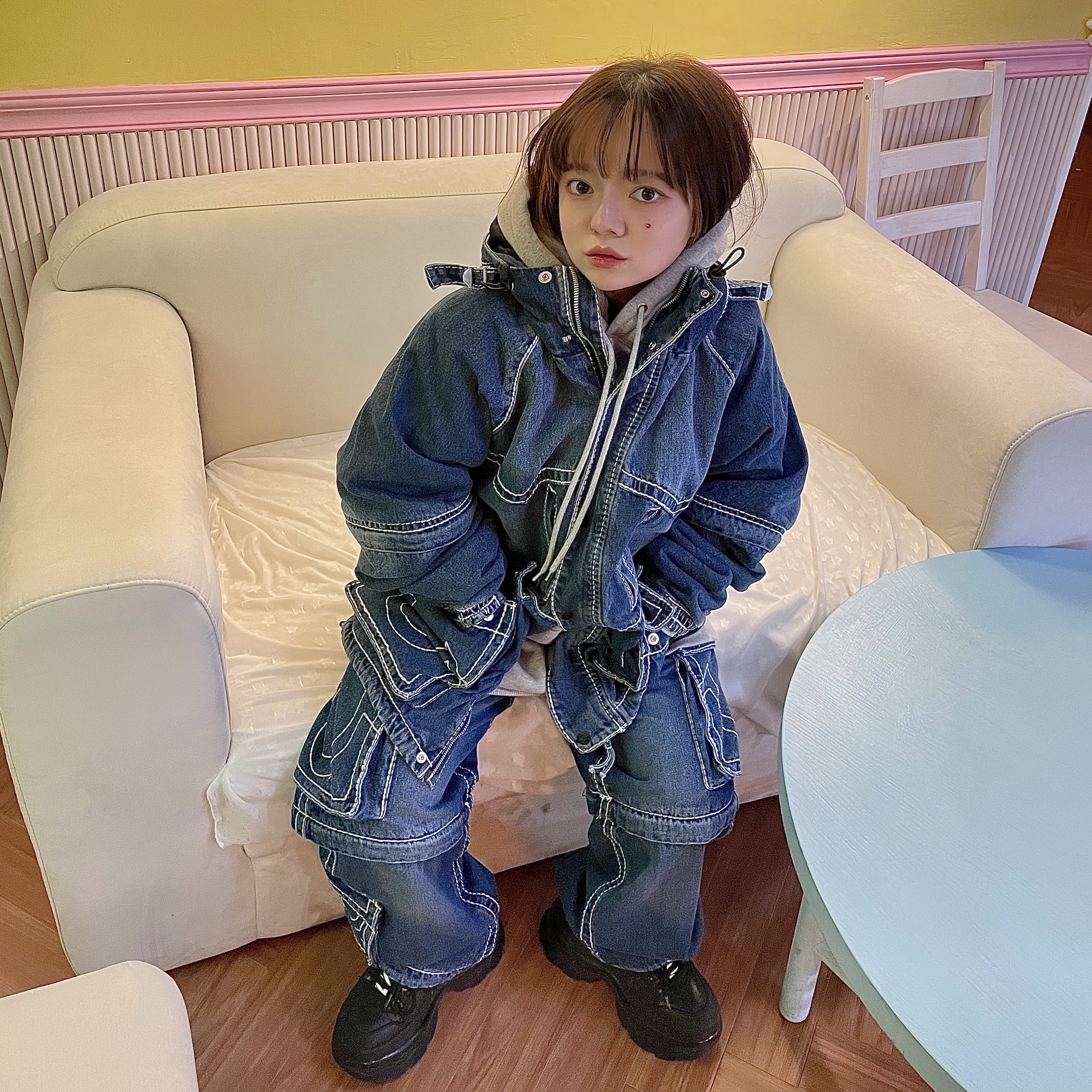 True Religion x Fetch Denim Separate Parka Indigo, True Religion x Fetch Denim Separate Cargo Pants Indigo 착용 스타일 - 2