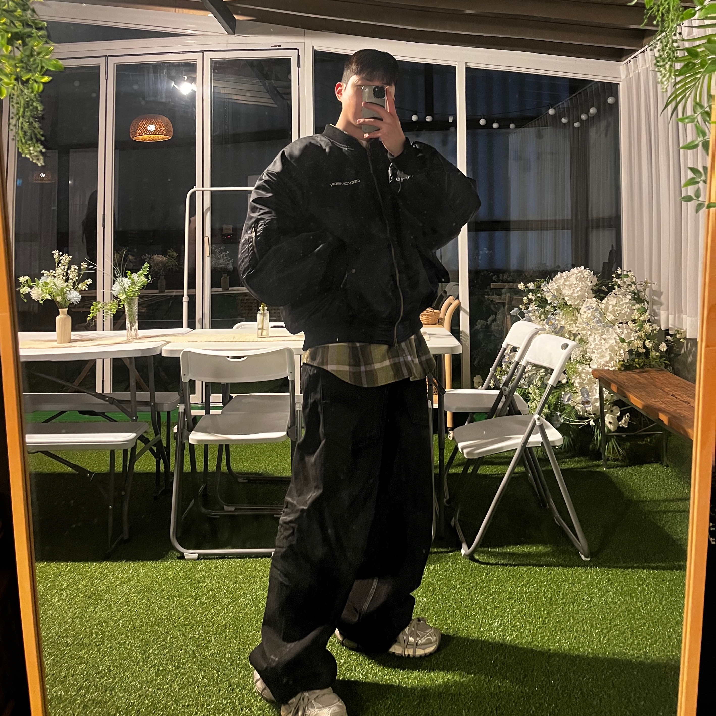 Project G/R Backward Denim Pants Black, Supreme Plaid Flannel Shirt Green - 23FW 착용 스타일 - 1