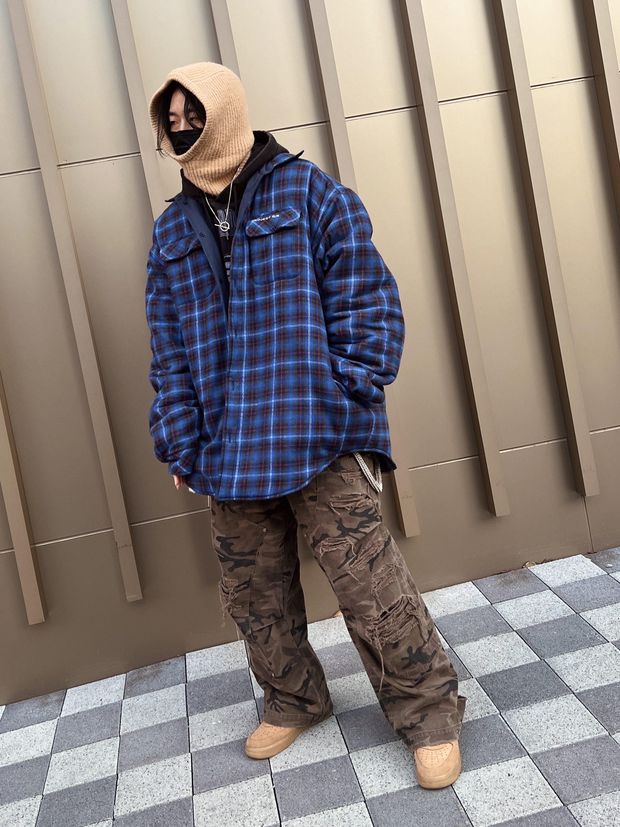 Project G/R Mind Slaughter Vintage Washeed Hoodie Black, Project G/R Reversible Padded Check Shirt Navy 착용 스타일