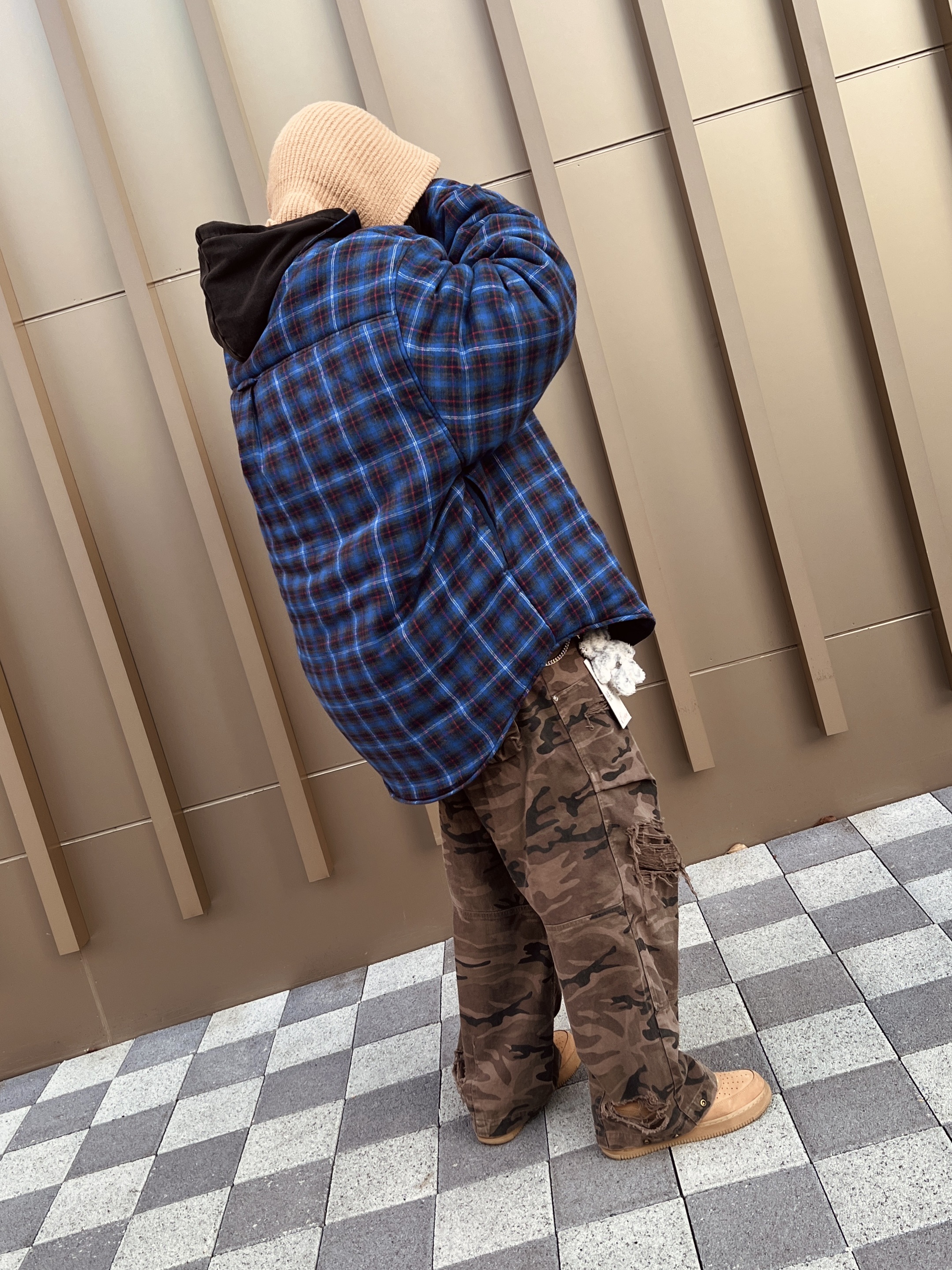 Project G/R Mind Slaughter Vintage Washeed Hoodie Black, Project G/R Reversible Padded Check Shirt Navy 착용 스타일