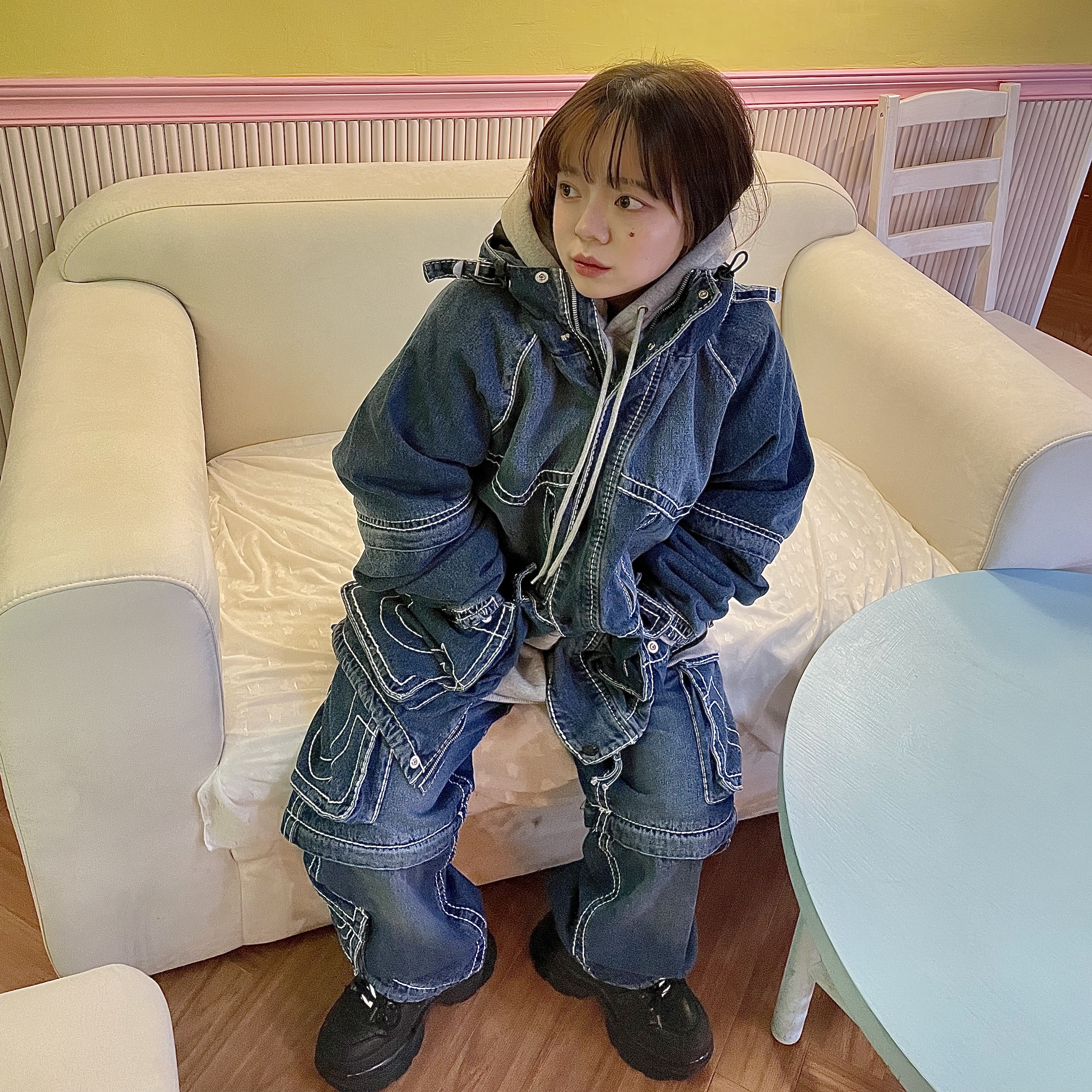 True Religion x Fetch Denim Separate Parka Indigo, True Religion x Fetch Denim Separate Cargo Pants Indigo 착용 스타일 - 1