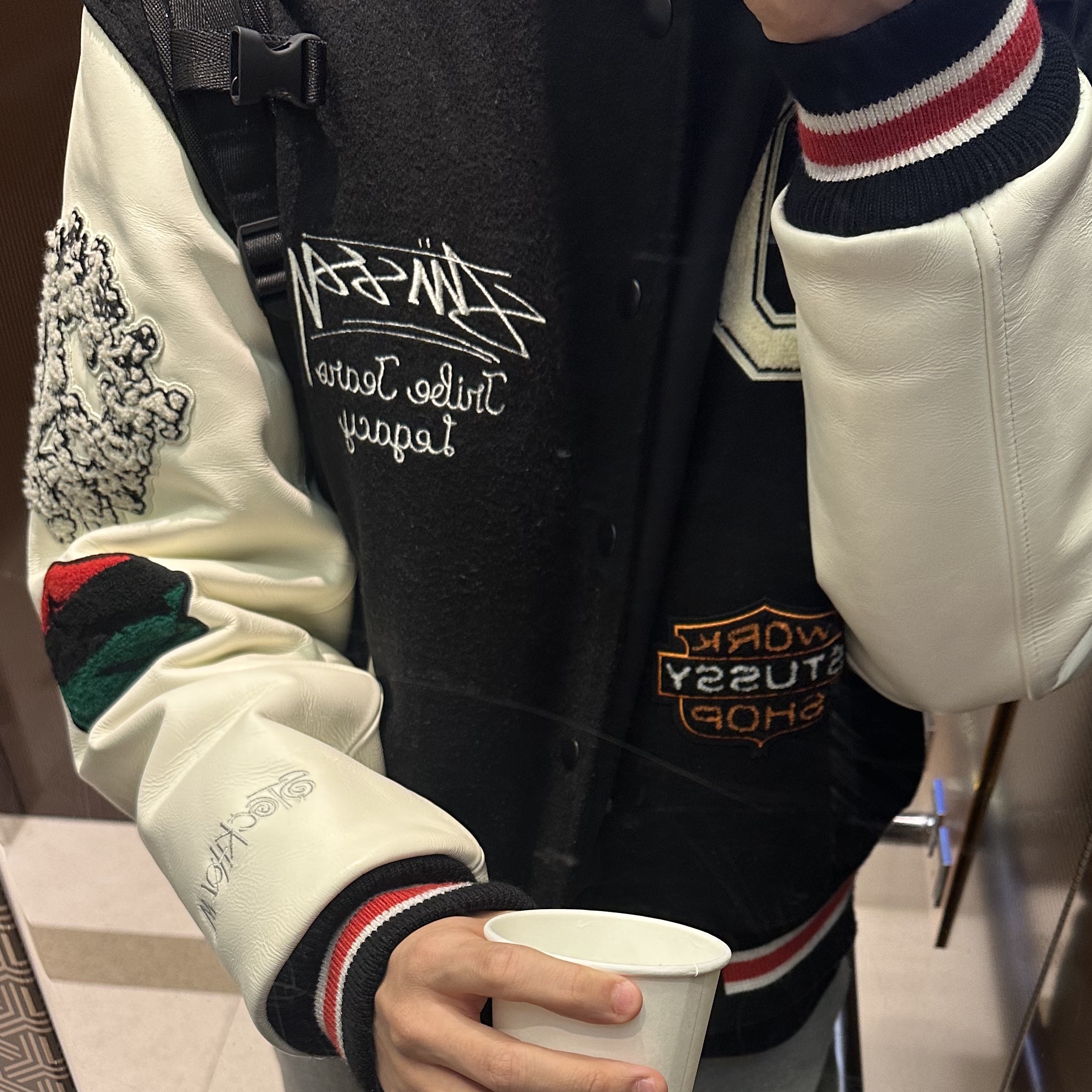 Stussy x Our Legacy x Denim Tears TTL Varsity Jacket Black 착용 스타일