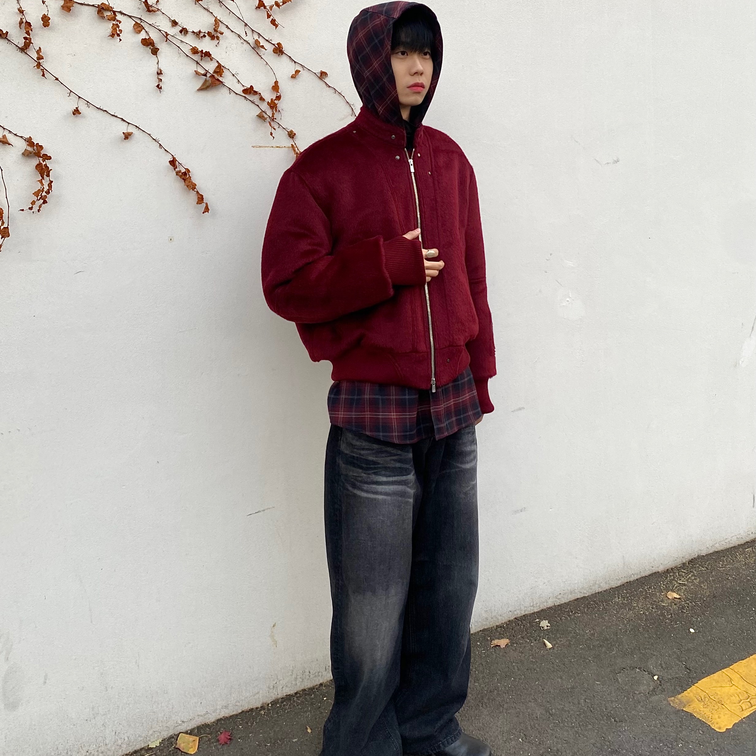 Haleine Stud Biker Alpaca Blouson Burgundy 착용 스타일 - 2