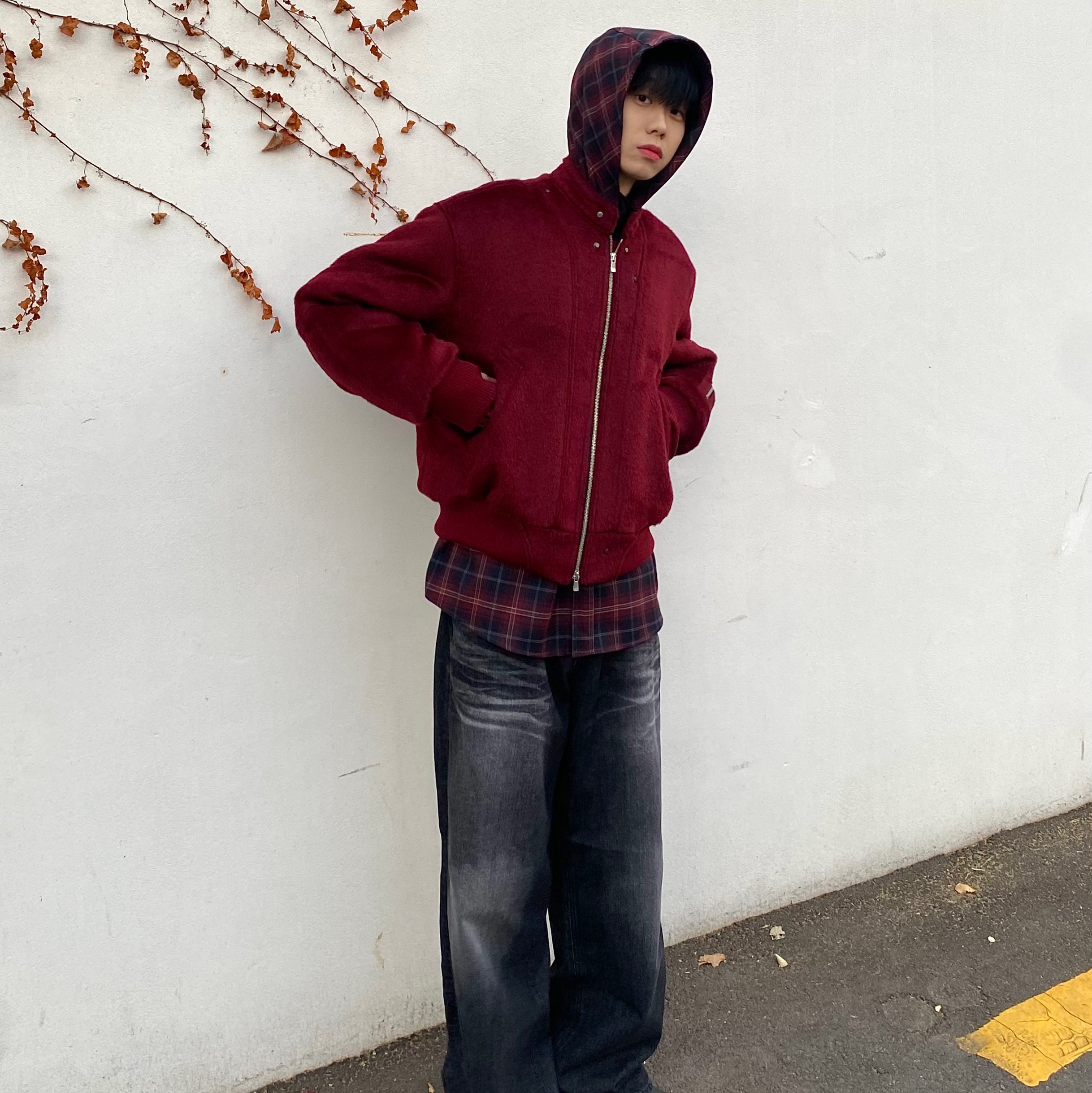 Haleine Stud Biker Alpaca Blouson Burgundy 착용 스타일 - 1