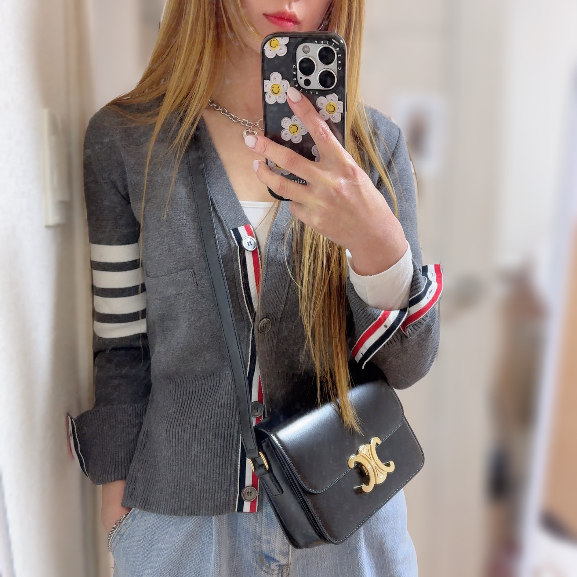 (W) Thom Browne Cotton Crepe Milano Stitch 4-Bar Cardigan Medium Grey, Celine Teen Triomphe Bag in Shiny Calfskin Black 착용 스타일