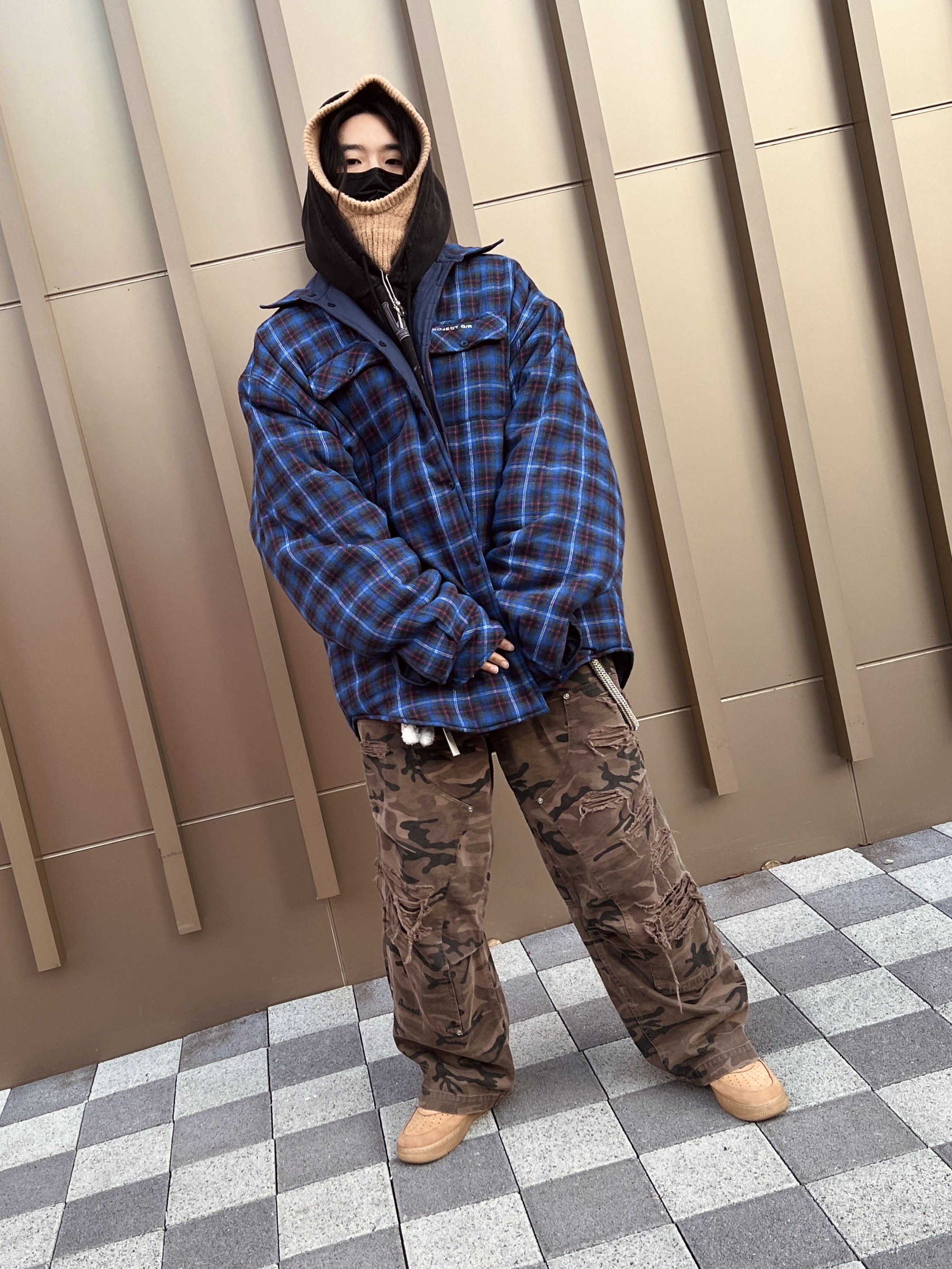 Project G/R Mind Slaughter Vintage Washeed Hoodie Black, Project G/R Reversible Padded Check Shirt Navy 착용 스타일