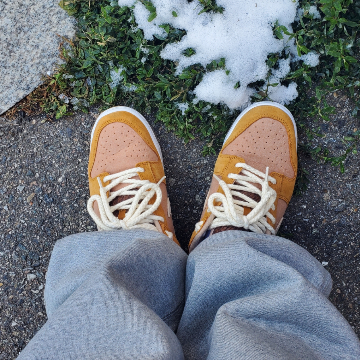 (W) Nike NRG Solo Swoosh Fleece Pants Dark Grey Heather - US/EU, Nike Dunk Low SE Praline Desert Ochre 착용 스타일 - 4