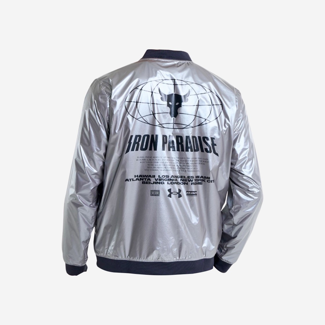 Under Armour Project Rock Disrupt Bomber Jacket Metallic Tin Black 상세 이미지 2