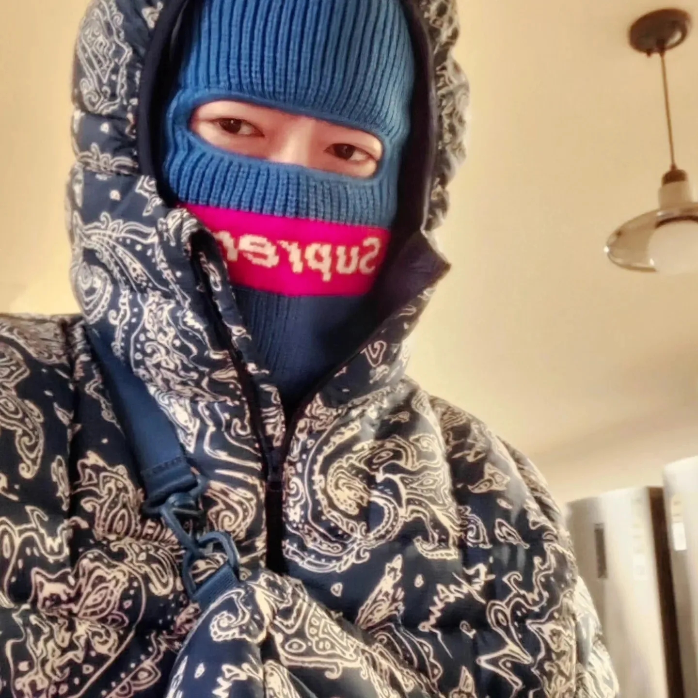 Supreme New Era Box Logo Balaclava Blue - 22FW, Supreme Puffer Side Bag Blue Paisley - 22FW 착용 스타일