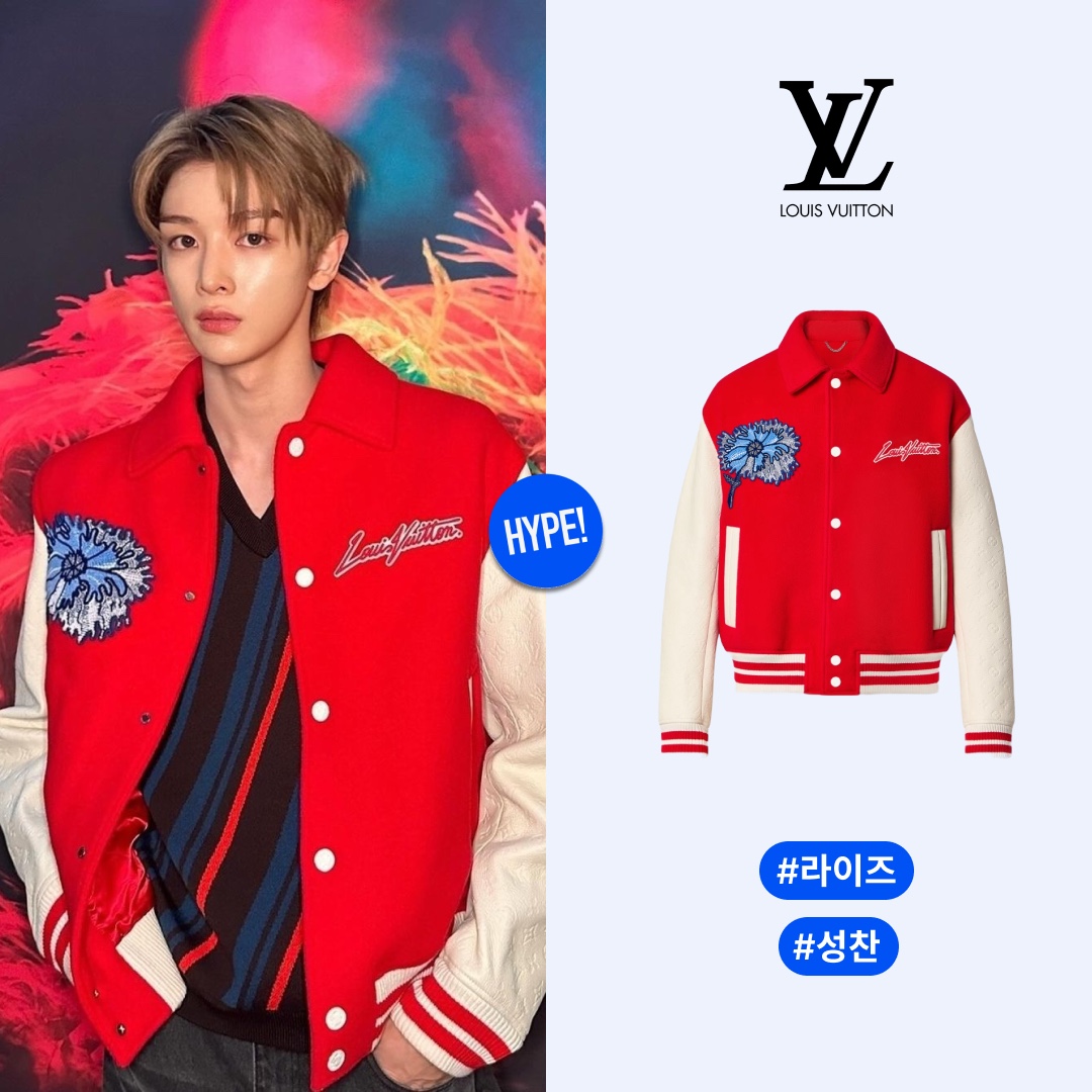 (W) Self Portrait Knit Mini Bow Dress Red Melange, Louis Vuitton x YK Psychedelic Flower Embroidered Varsity Blouson Red 착용 스타일 - 6