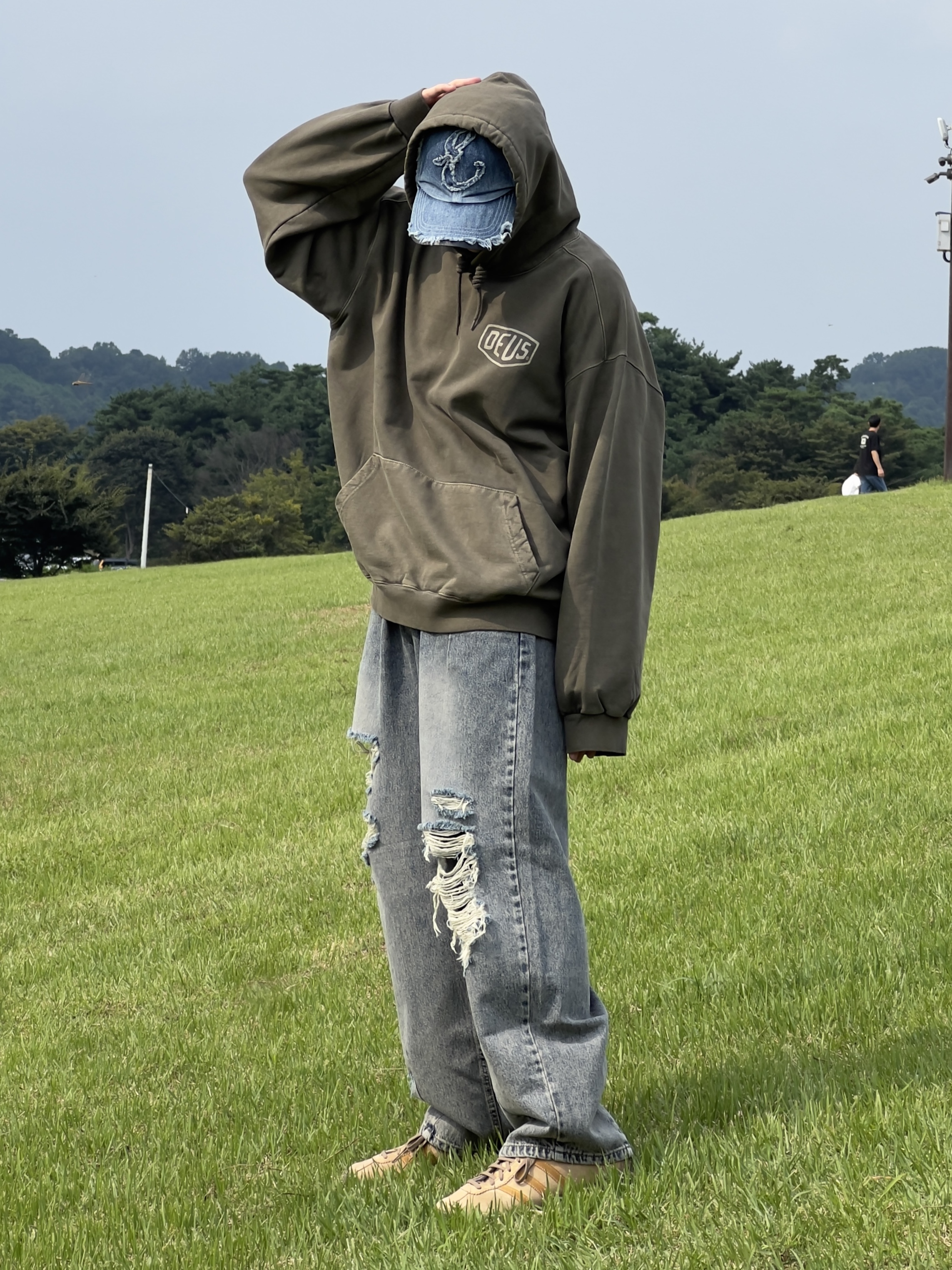 Adidas Tobacco Pantone Mesa, [KREAM 단독] Etce Damaged Denim Cap Blue 착용 스타일 - 1