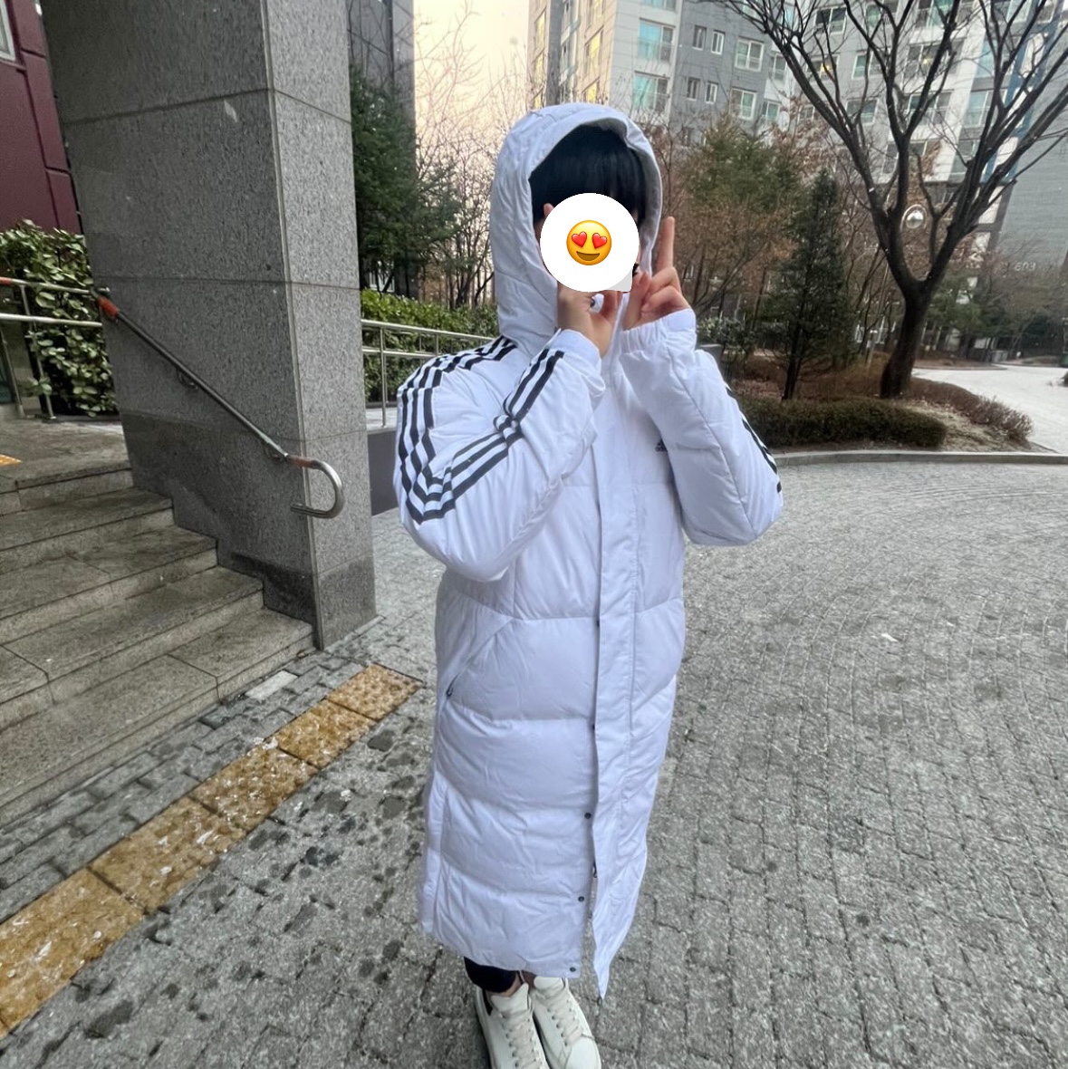 Adidas 3S Long Down Jacket White - KR sizing, Alexander McQueen Oversized Sneakers White Black 착용 스타일