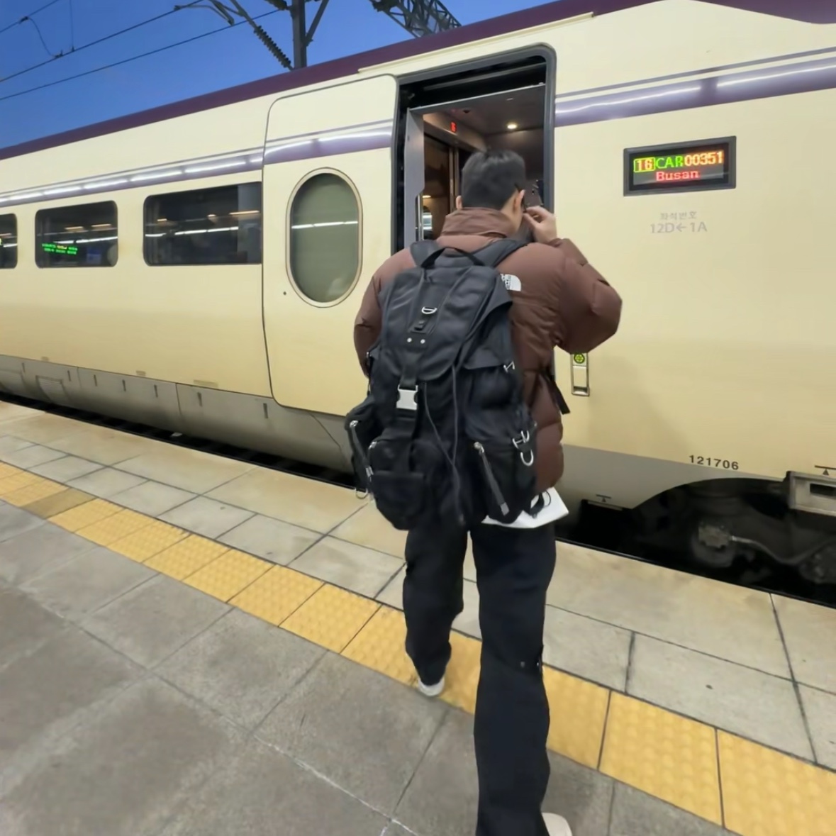 The North Face 1996 Retro Nuptse Jacket Dark Oak, Andersson Bell x Asics Cargo Pants Black 착용 스타일