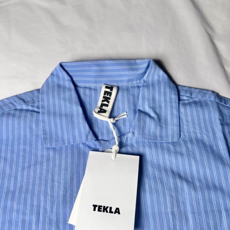 Tekla Poplin Sleepwear Short Sleeved Shirt Pin Stripes 착용 스타일
