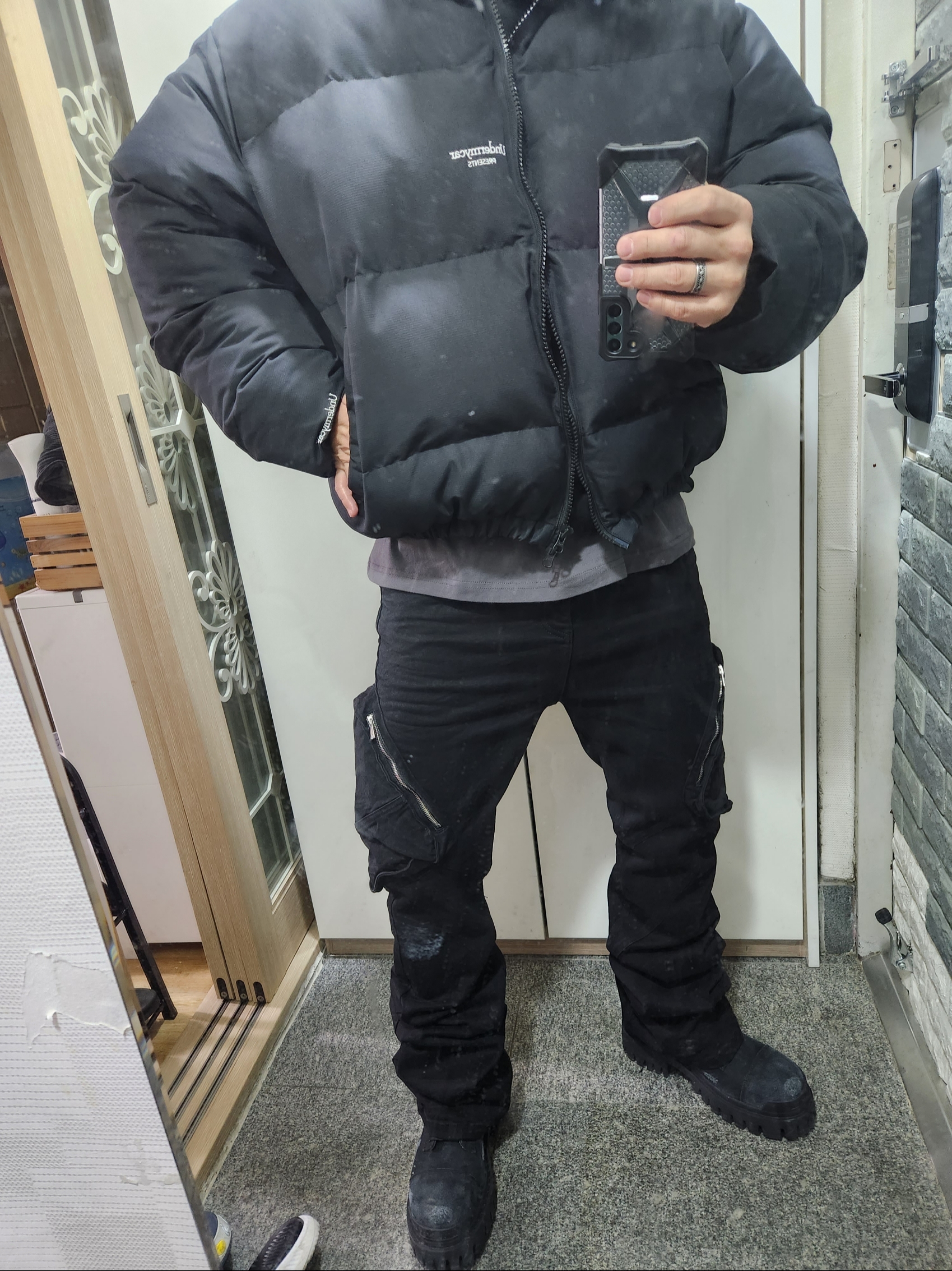 Undermycar Mu.15 Anti Fxxking Logo Play Triple Logo Crop Padding Jacket Black, Undermycar Zerob Embossed Tactic Flared Jeans Sharkskin - 23FW 착용 스타일 - 2