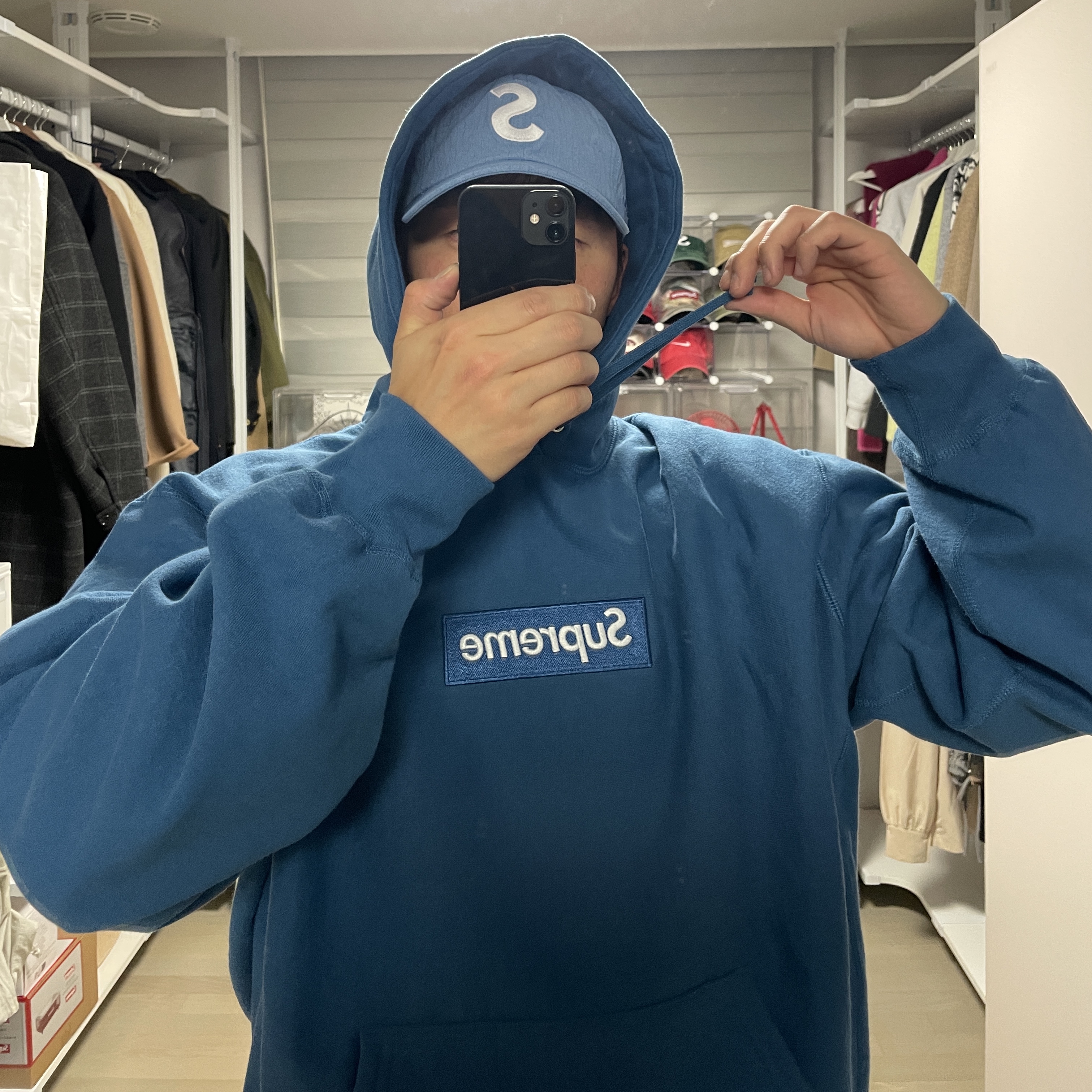 Supreme Box Logo Hooded Sweatshirt Blue - 23FW 착용 스타일 - 1