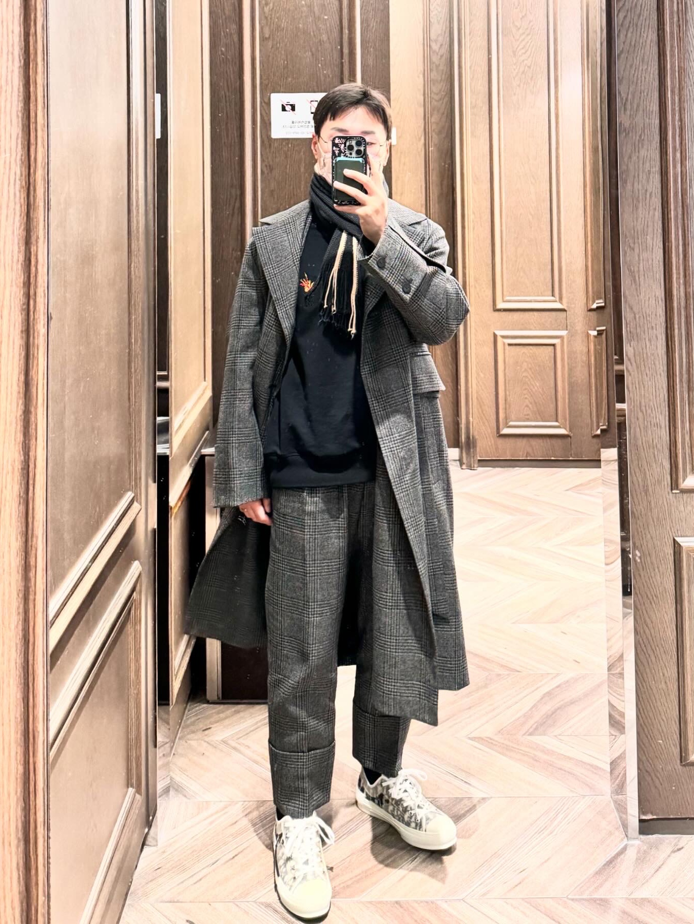 Wooyoungmi Belted Check Double Coat Khaki - 23FW, Wooyoungmi Volcano Back Logo Sweatshirts Black - 23FW 착용 스타일 - 3