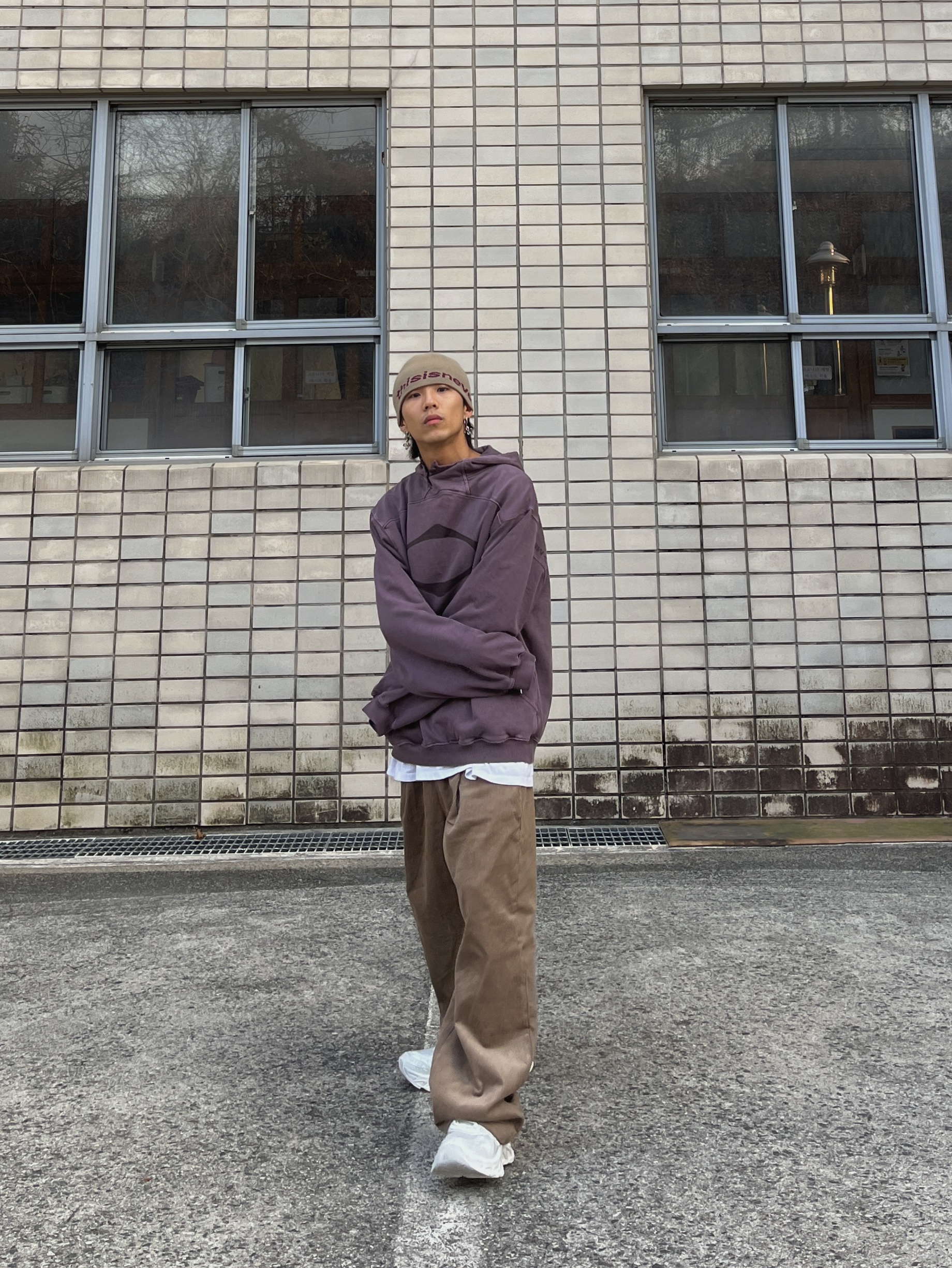 (W) Mischief Rhombus Side Button Up Hoodie Washed Red Brown 착용 스타일 - 1