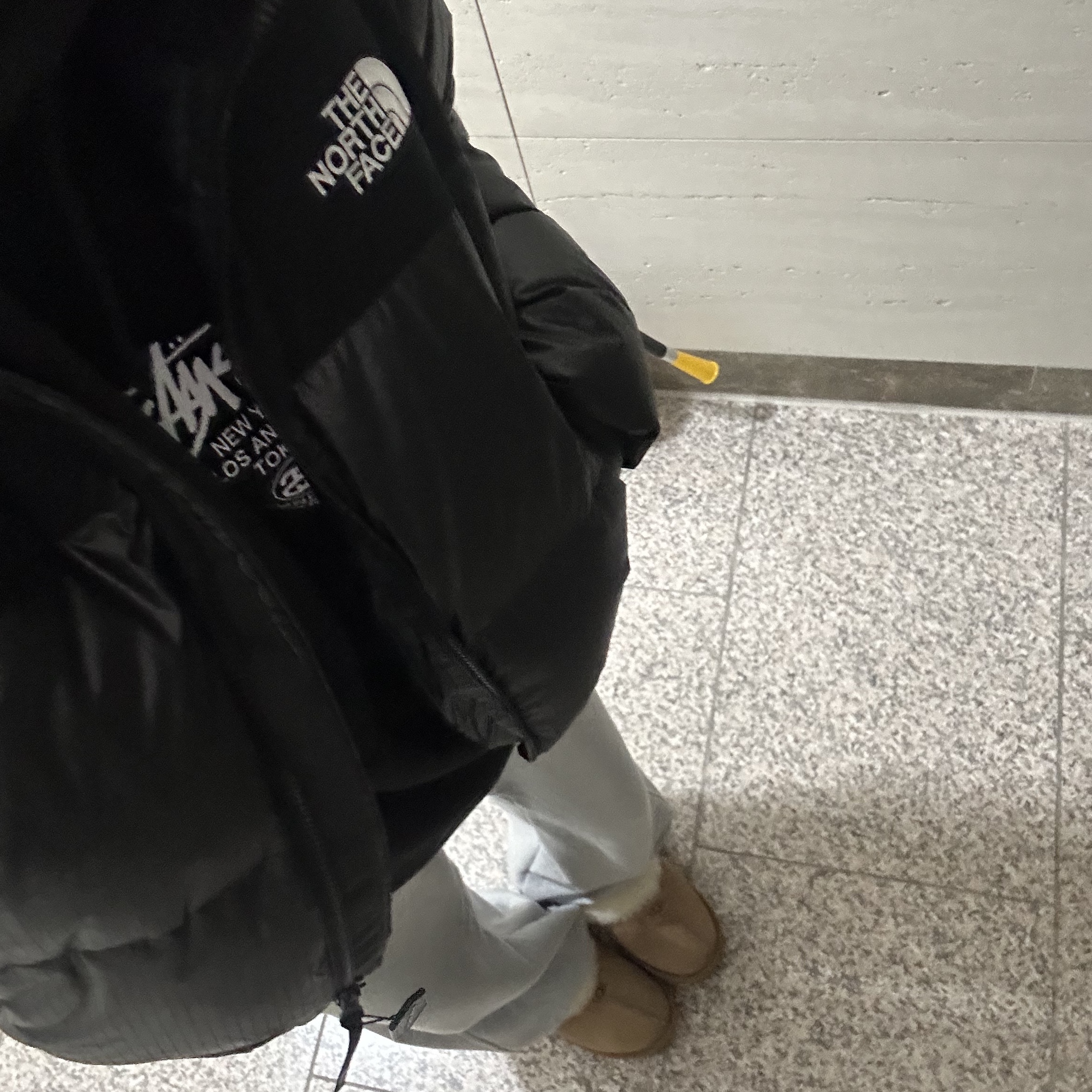 (W) The North Face White Label Novelty Nuptse Down Jacket Black, Stussy World Tour Hoodie Black 2023 착용 스타일