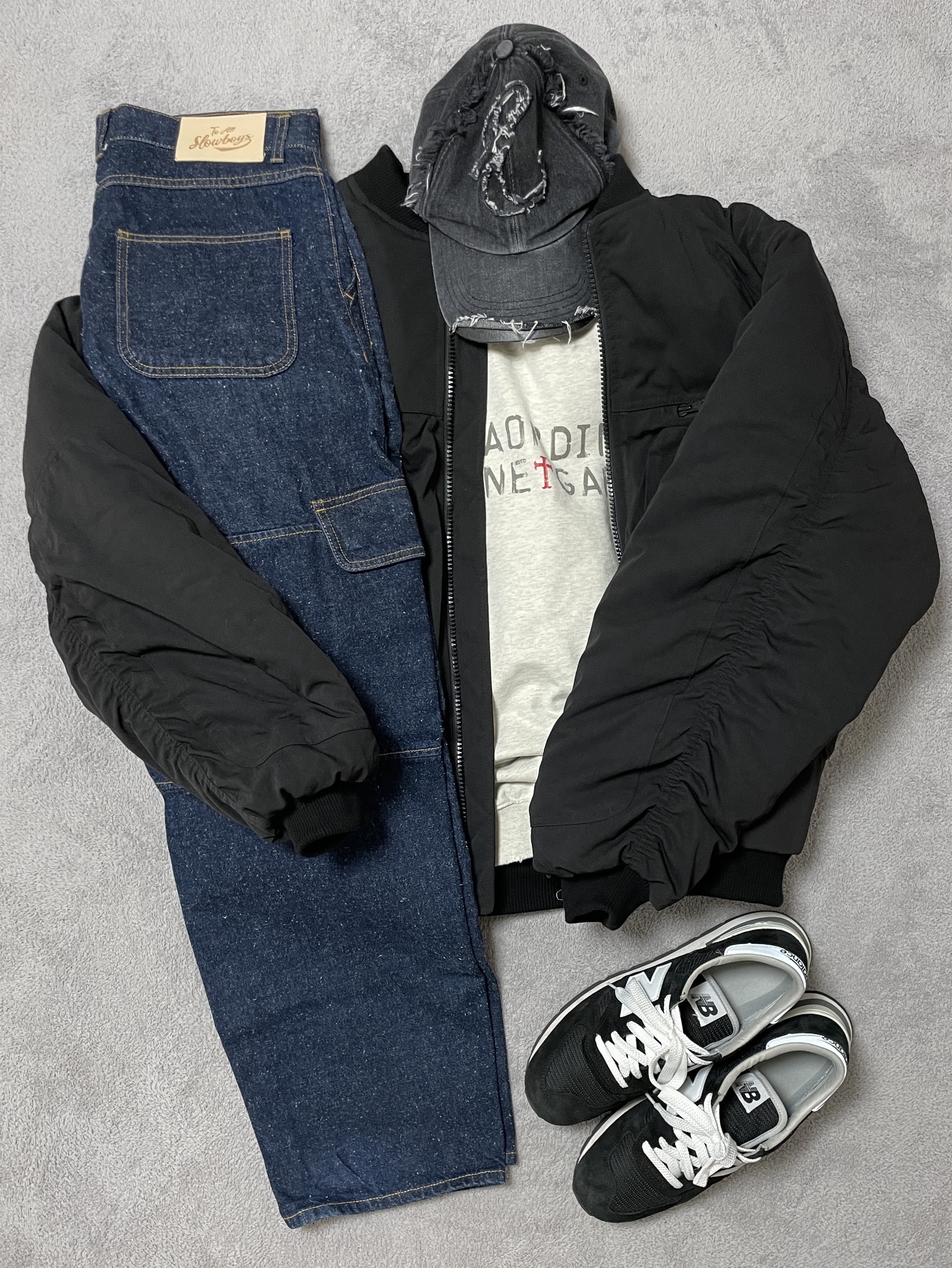Undermycar Juggernaut Double Back Zip Steroid Bomber Triple Black - 23SS, [KREAM 단독] Etce Damaged Denim Cap Black 착용 스타일 - 6