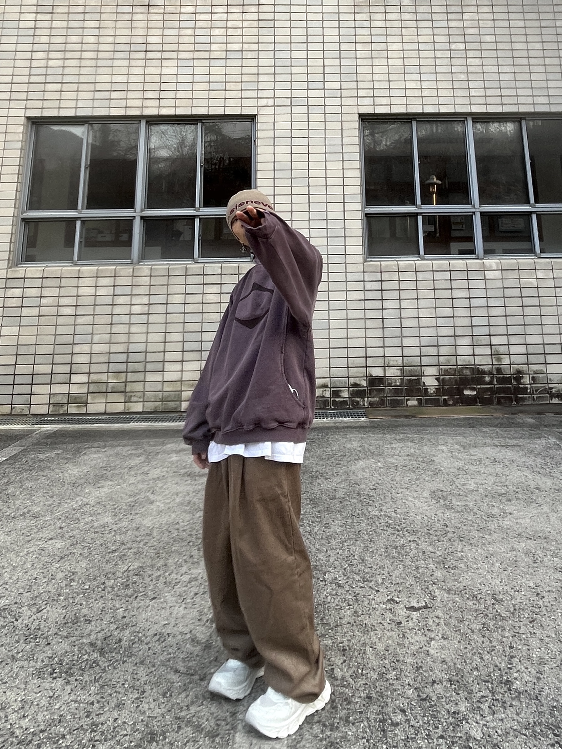 (W) Mischief Rhombus Side Button Up Hoodie Washed Red Brown 착용 스타일 - 2