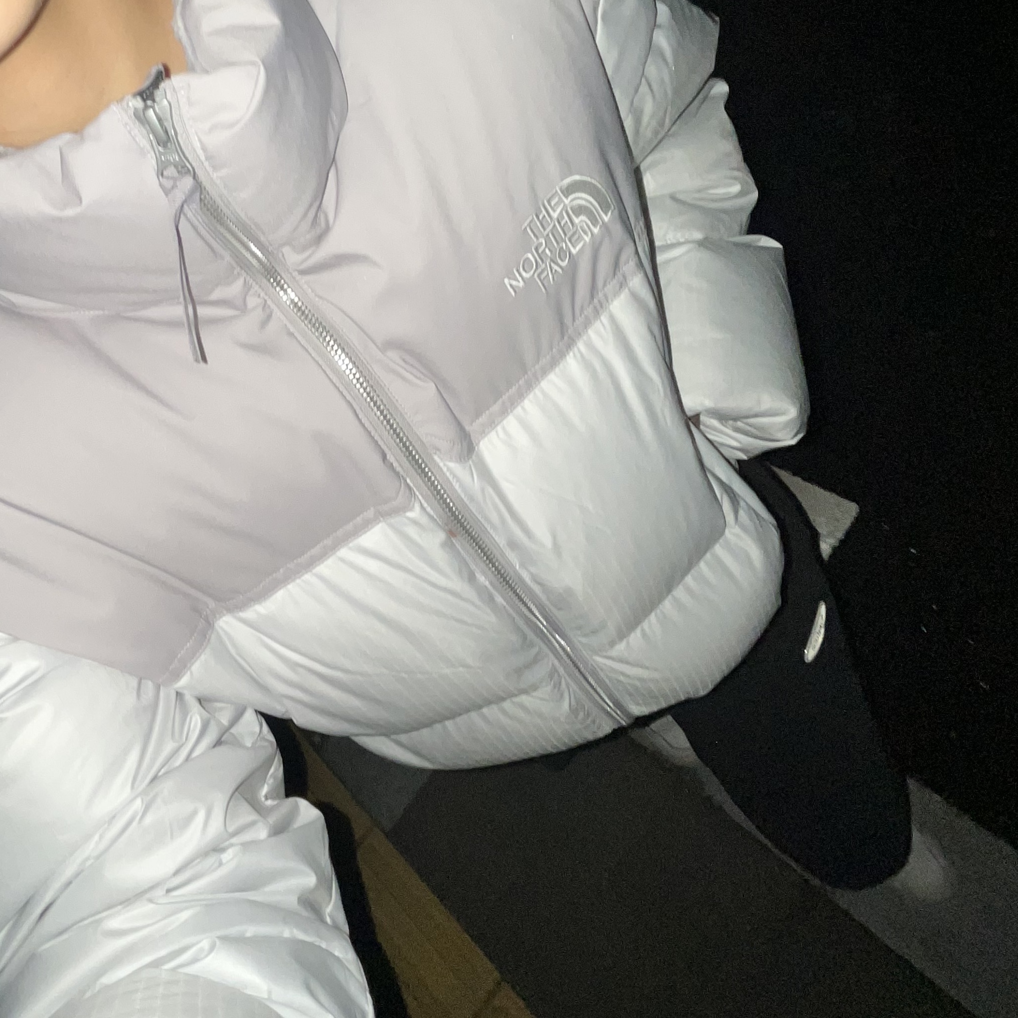 (W) The North Face White Label Novelty Nuptse Down Jacket Ice Gray 착용 스타일
