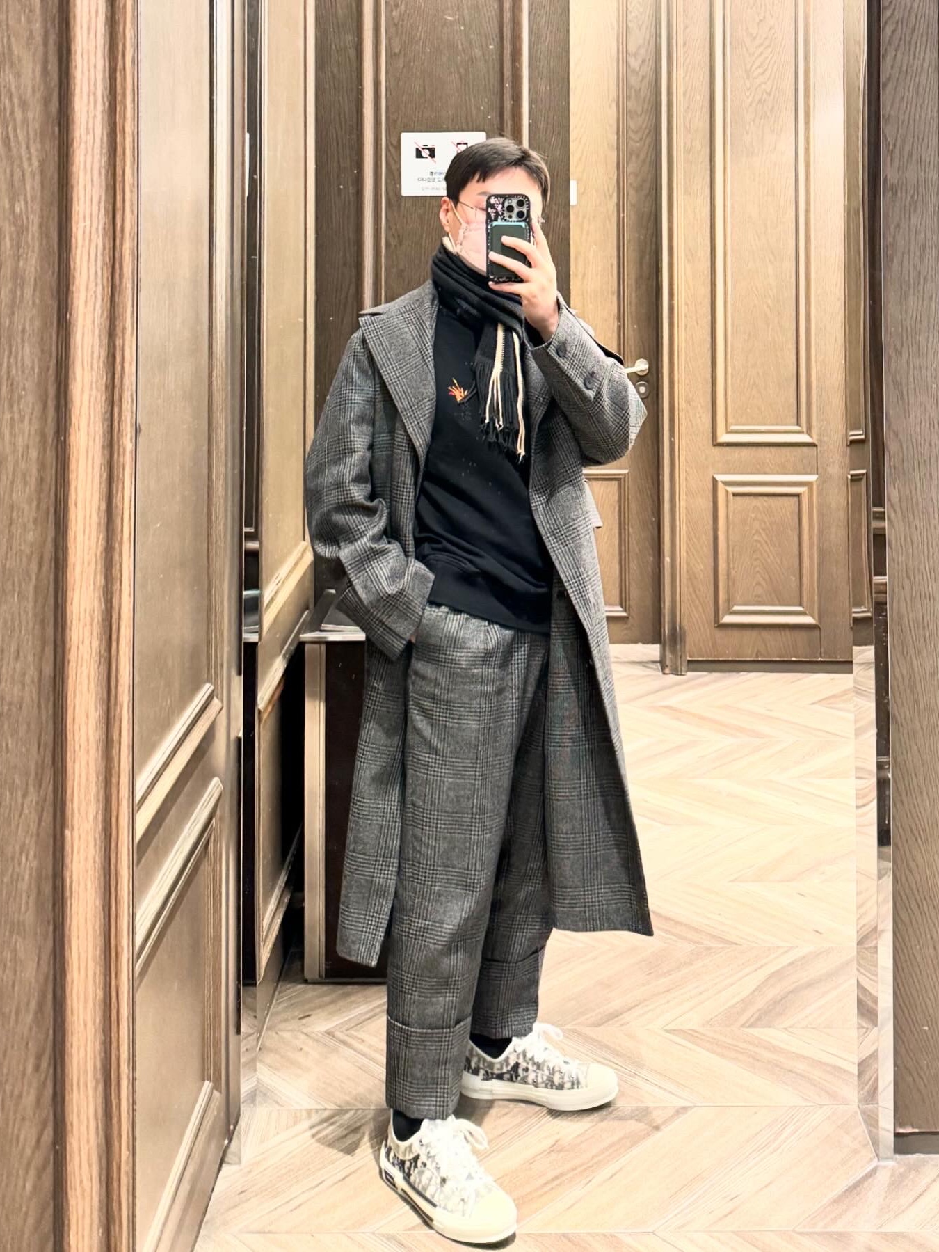 Wooyoungmi Belted Check Double Coat Khaki - 23FW, Wooyoungmi Volcano Back Logo Sweatshirts Black - 23FW 착용 스타일 - 2