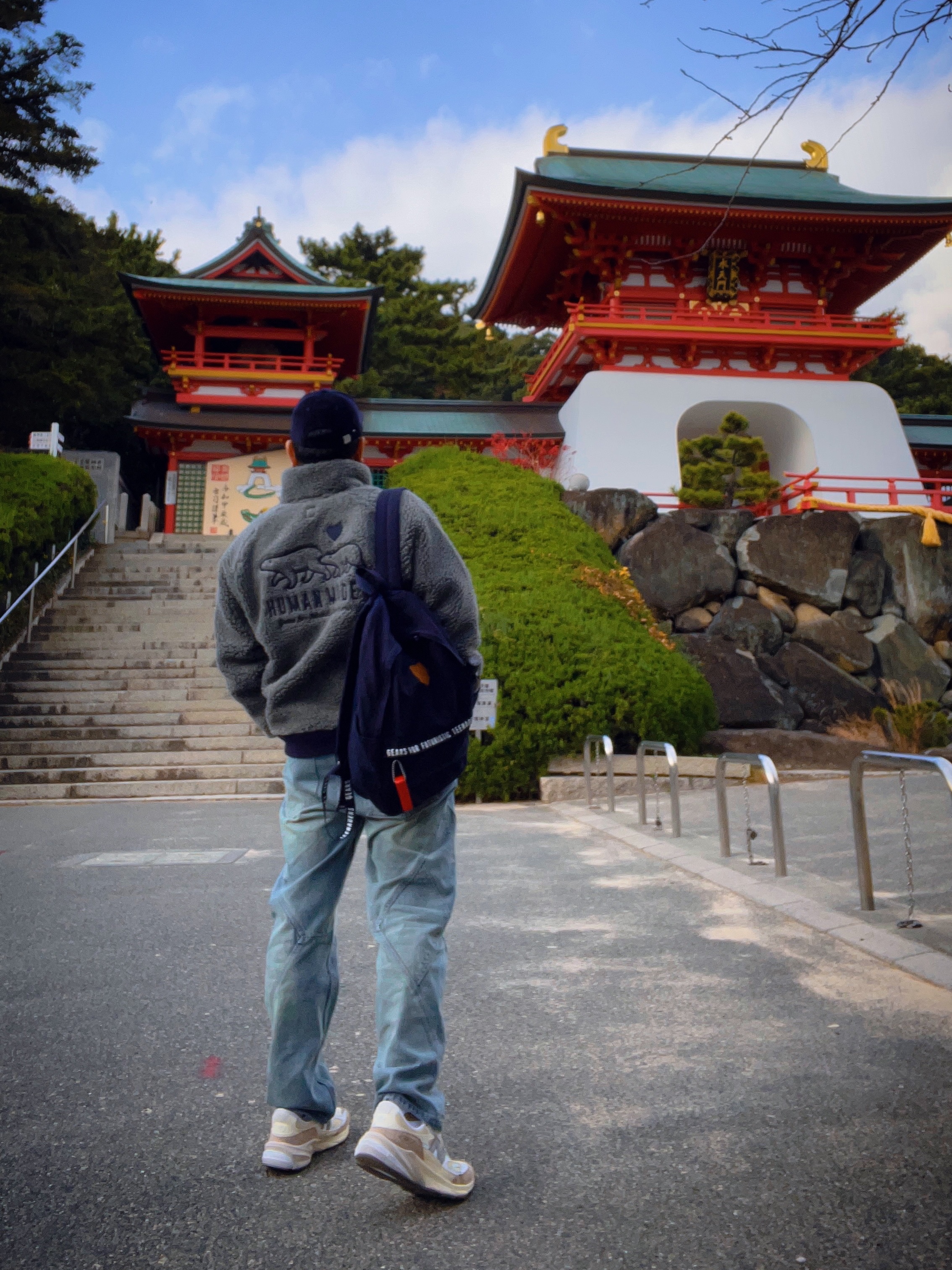 Human Made Cotton Canvas Backpack Navy, Human Made Boa Fleece Jacket Gray 착용 스타일 - 1