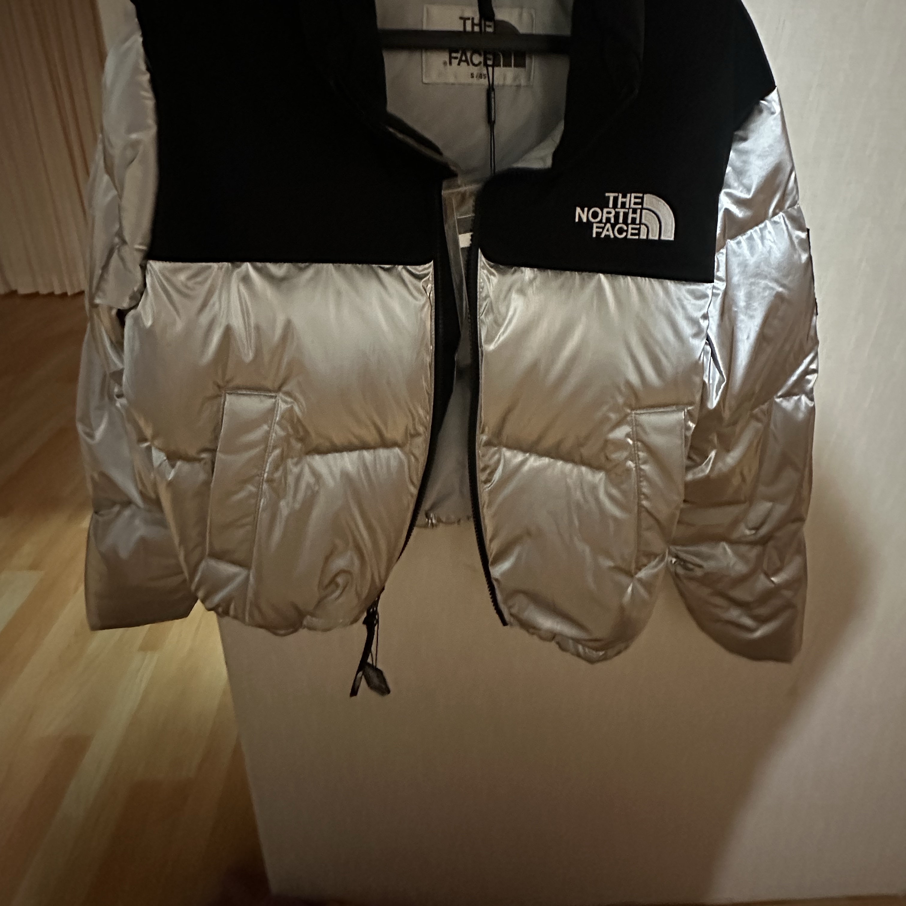 (W) The North Face White Label Novelty Nuptse Down Jacket SE Silver 착용 스타일