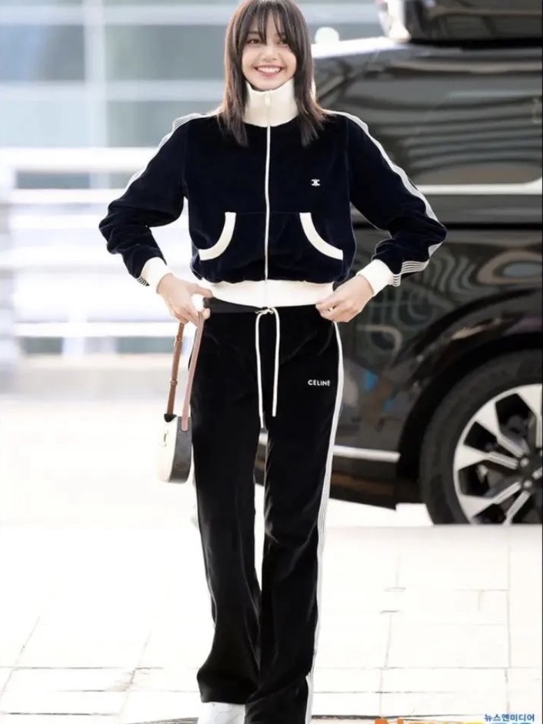 Celine Loose Track Pants with Celine Embroidery in Cotton Fleece Black White 착용 스타일