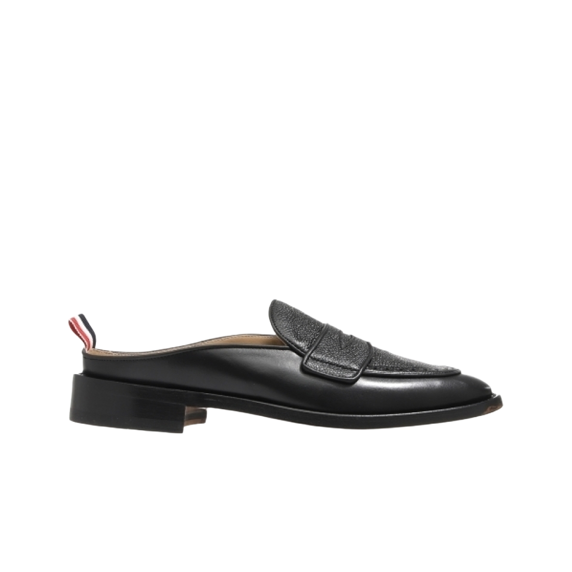 톰브라운 페블 그레인 레더 바시티 페니 로퍼 뮬 블랙(Thom Browne Pebble Grain Leather Varsity Penny Loafer Mule Black)