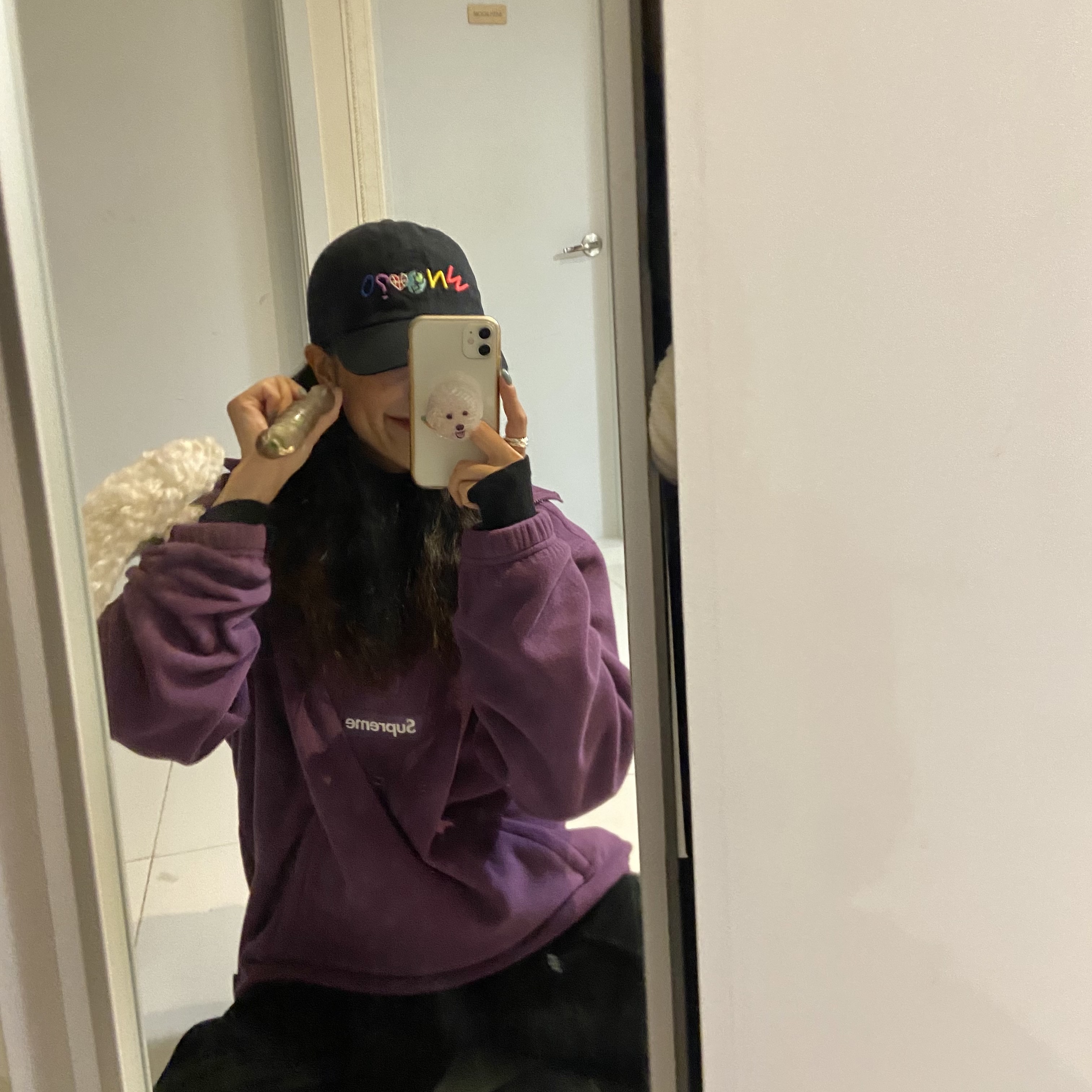 슈프림 폴라텍 페이스마스크 하프 집 후드 스웨트셔츠 다크 퍼플 - 23FW 착용 스타일 - 2