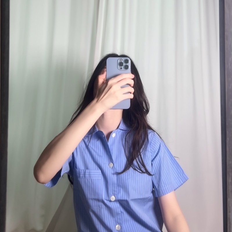 Tekla Poplin Sleepwear Short Sleeved Shirt Pin Stripes 착용 스타일