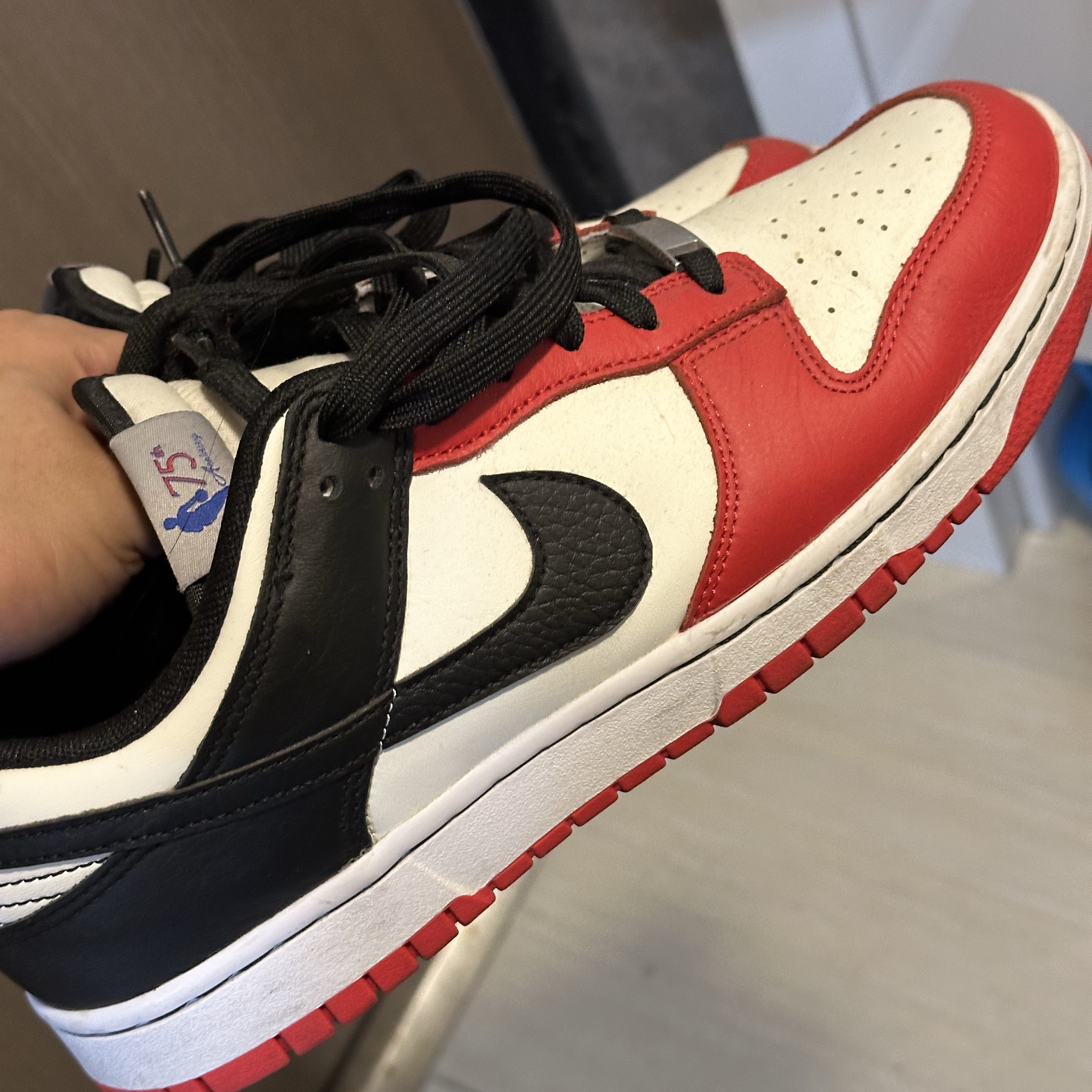 Nike x NBA Dunk Low Retro EMB Black and Chile Red 착용 스타일