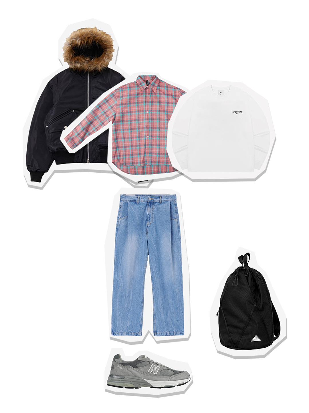 The Museum Fur Hood Metal Logo MA-1 Jumper Black, Typing Mistake Crack Washed Tuck Wide Denim Pants Light Indigo - 22FW 착용 스타일 - 1
