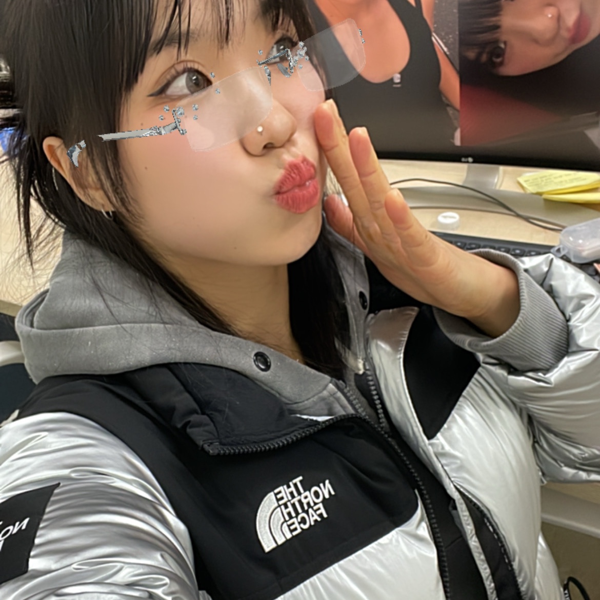 (W) The North Face White Label Novelty Nuptse Down Jacket SE Silver 착용 스타일 - 2